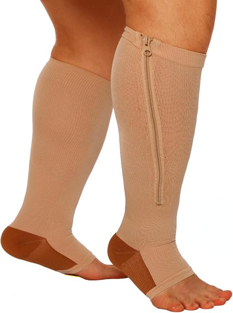 Copper Zipper Compression Socks Support Graduated Stockings Mens Women 20-30mmHg (Brown,S/M)