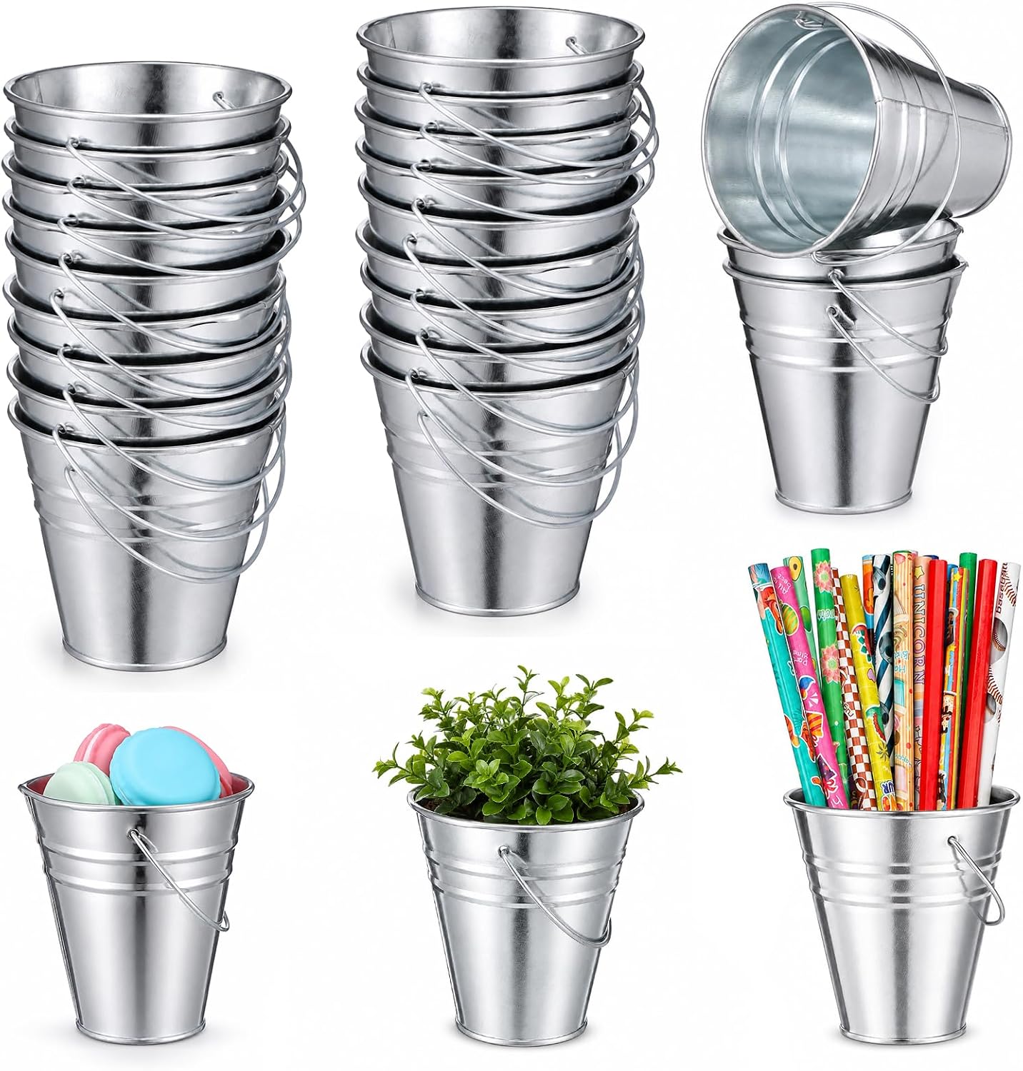 24 Pack Mini Bucket with Handle Galvanized Tin Pail 3.5 Inch Silver