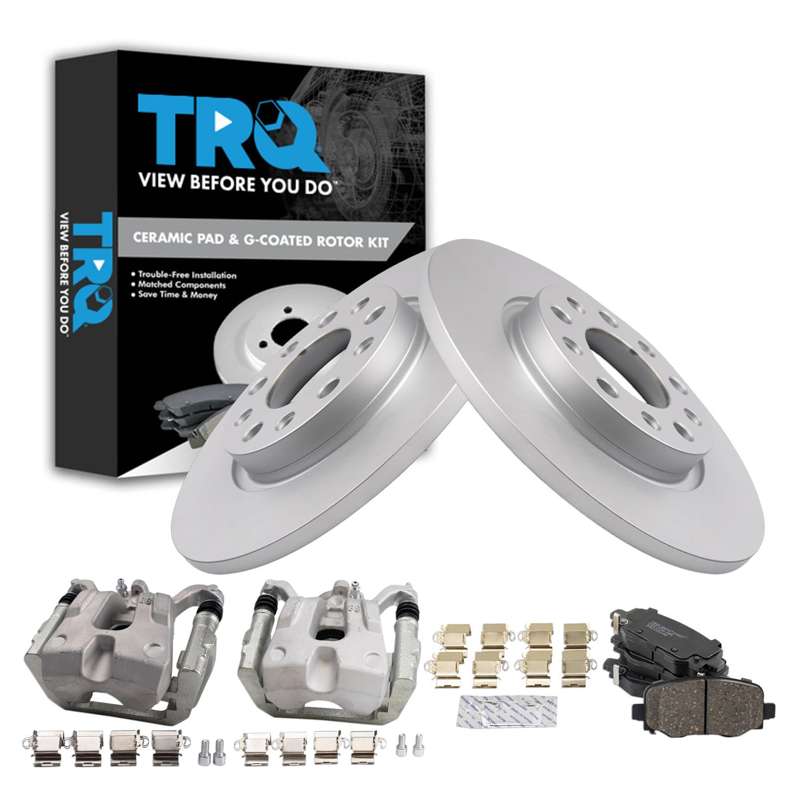 TRQ Rear Brake Pad and Rotor Set Ceramic Solid Rotors Calipers