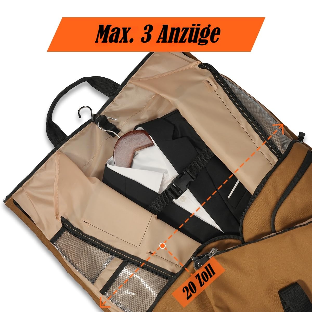 WELKINLAND 48H Kleidertasche für Reisen, 10 Taschen, Handgepäcktasche, 3 Anzug-Reisetaschen, 62 l, halbe Tage 2-in-1 Kleidertasche, wandelbarer Kleidersack, Boardable Kleidersack, Braun/Schwarz, 62L,
