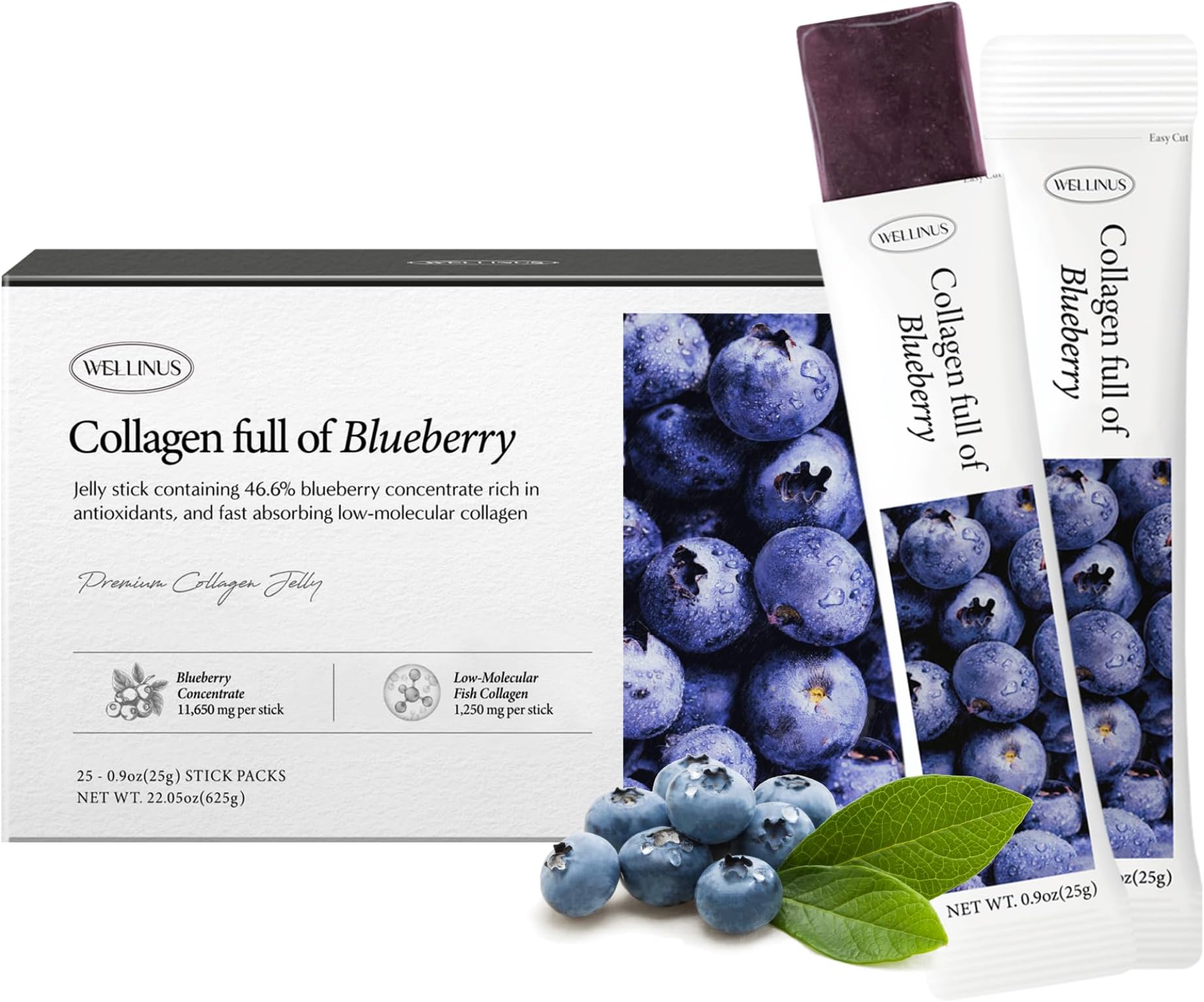 Korean Collagen Jelly Sticks - 25 Blueberry Flavored Marine Collagen Peptide Snacks for Anti-Aging- Collagen Protein Sugar-Free, Travel Packs for Hair & Nail Strength