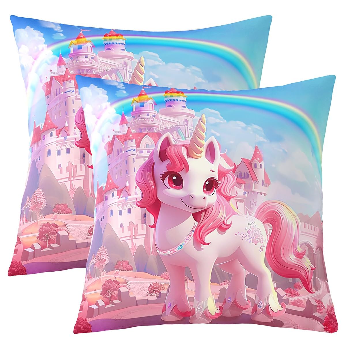 Loussiesd Kids Cute Unicorn Square Cushion Covers Set of 2 Pink Castle Pillow Covers Princess Throw Pillow Covers Boys Girls Dreamy Rainbow Teens Cushion Covers for Couch Sofa Room Decor 45x45cm