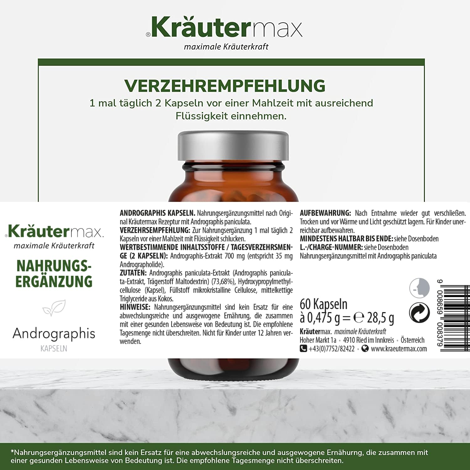 Kräutermax Andrographis Paniculata Pulver 60 Kapseln - Indische Echinacea - Vegan & Glutenfrei - 700 mg Andrographis Extrakt