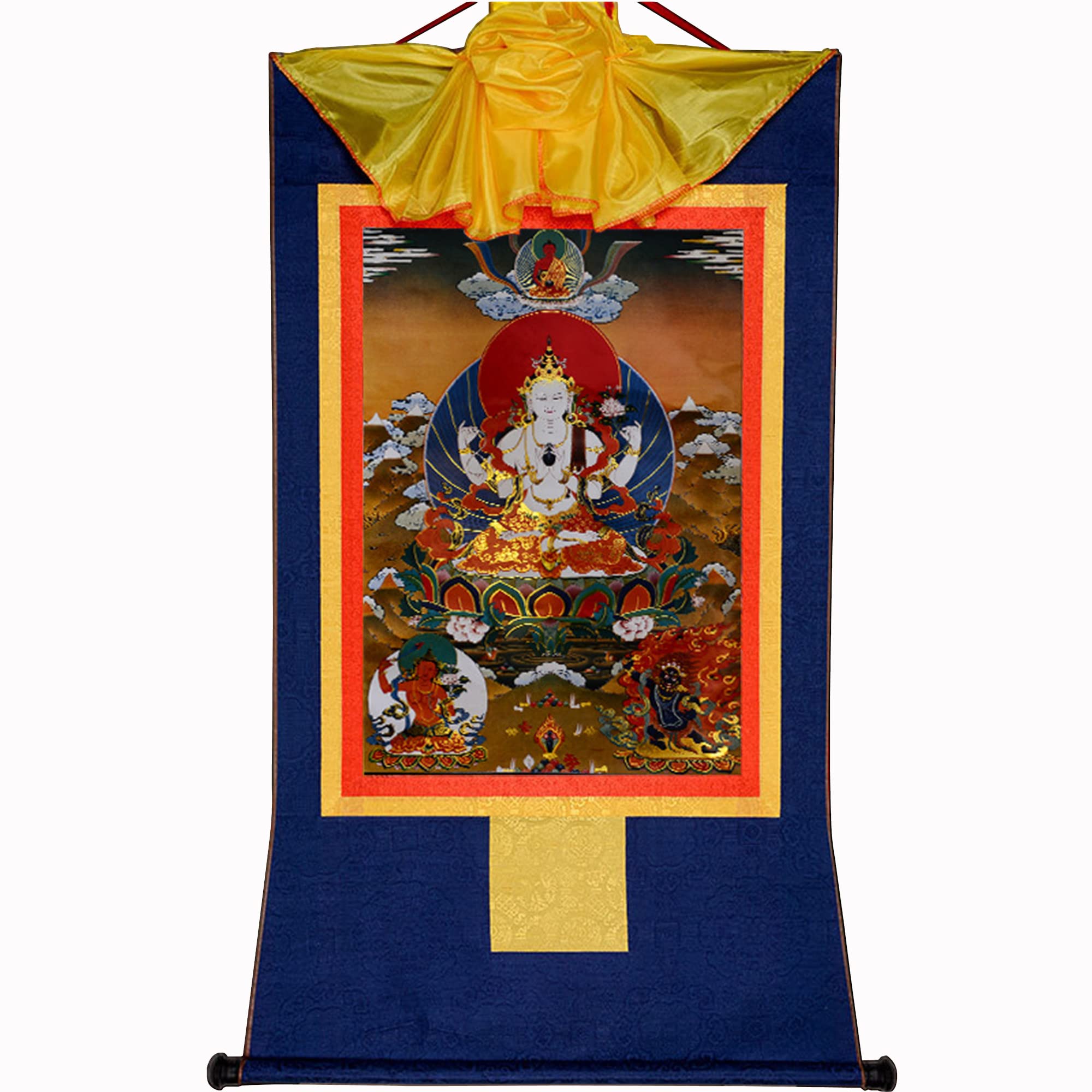 Gandhanra Tibetan Buddhist Thangka Wall Hanging,Chenrezig,Manjusri,Vajrapani,Hot Stamped Brocade Buddhist Tapestry for Zen Home Decor, Meditation, Spiritual Relaxation