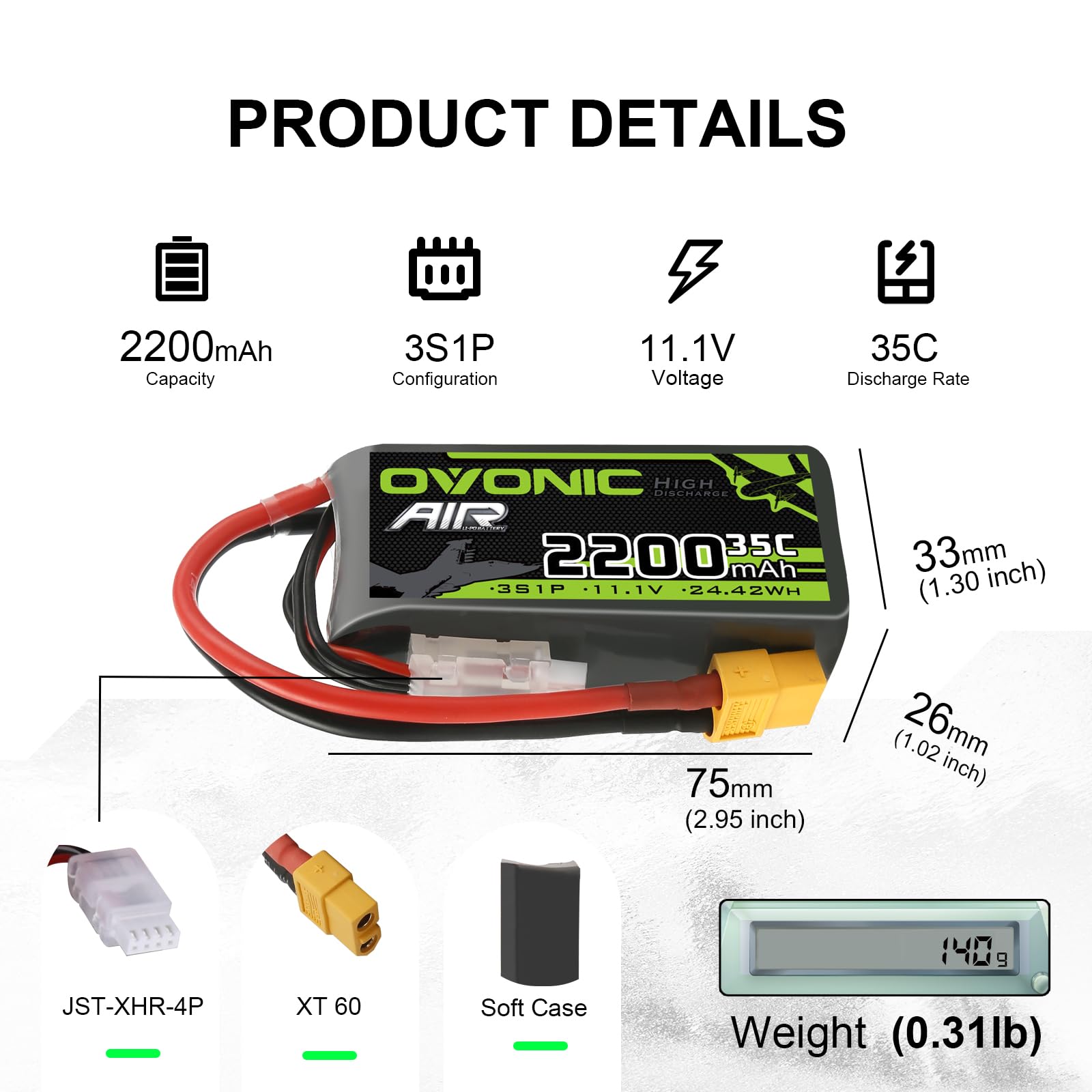 OVONIC 3S Lipo akumulator 35C 2200 mAh 11,1 V akumulator krótki zestaw z przyłączem XT60 do helikoptera samolotowego 1:14 RC Car RC samolot (1 szt.)