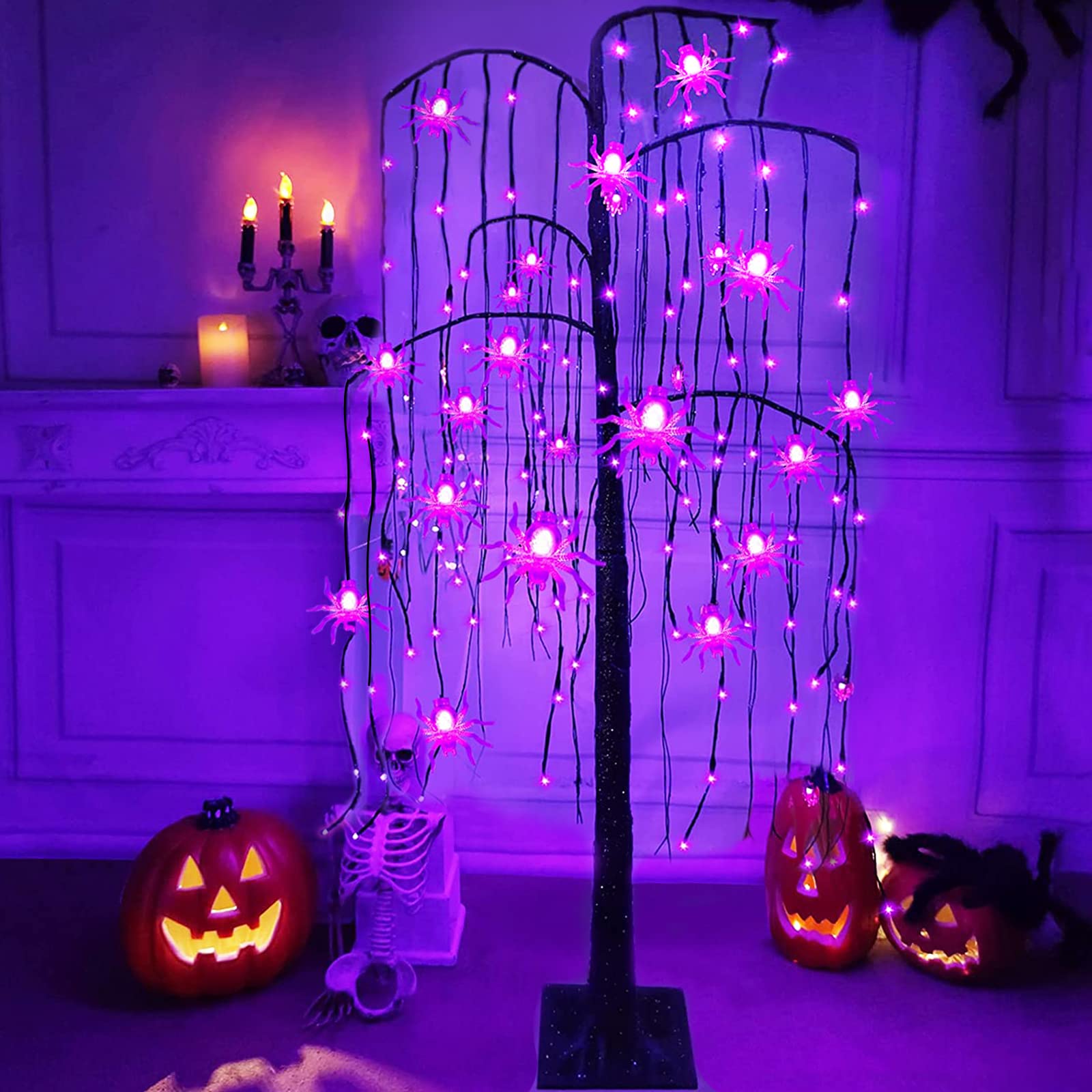 Photo 1 of 4Ft 84LED Black Halloween Willow Tree Decoration with Timer 16 Spider Purple Lights Spooky Artificial Tree Scary Ornaments Halloween Decorations Outdoor Indoor Home Yard Garden Decor(Plug in/4 Stakes)