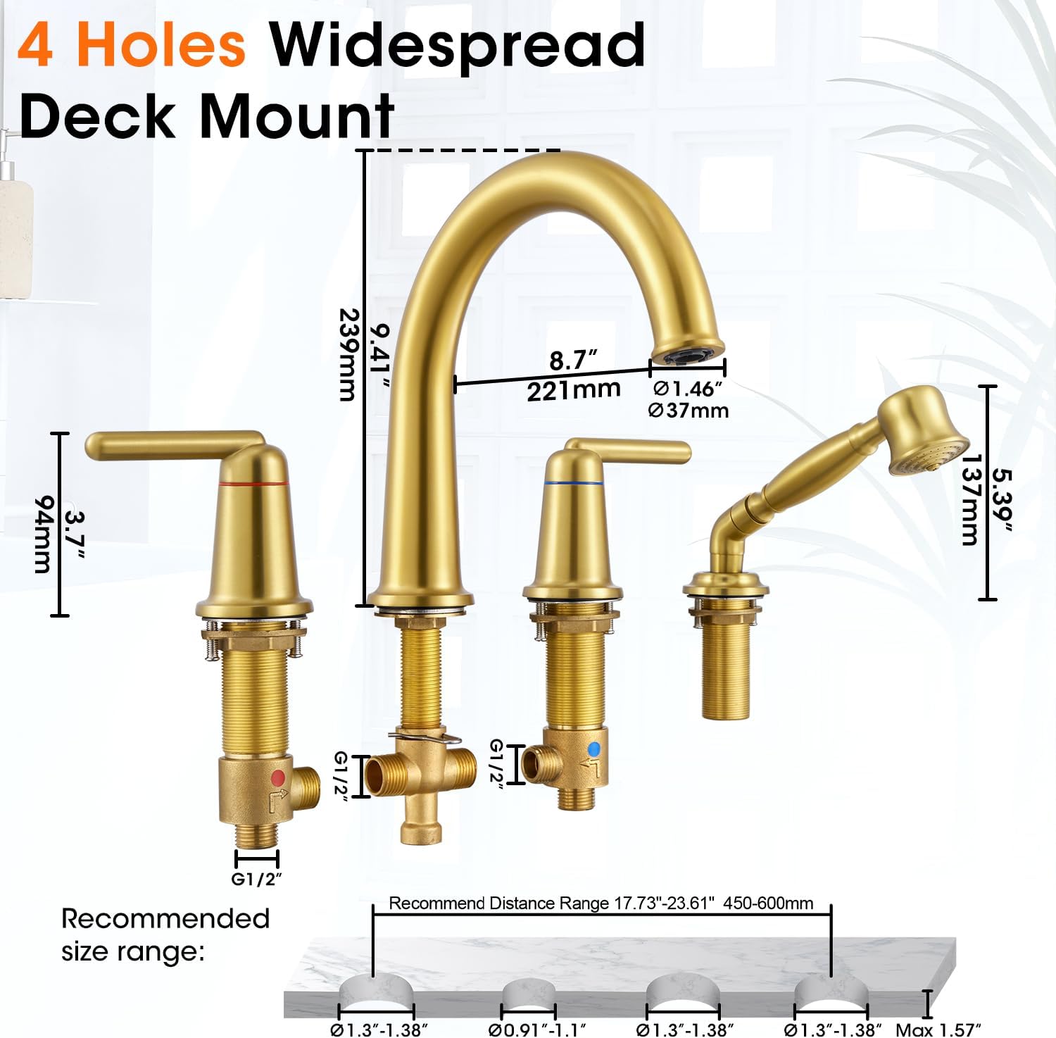 Roman Bath Tub Faucet Set with Sprayer, 4 Hole Widespread Deck Mount Bathtub Faucet with Valve Classic Gooseneck Tub Faucets with Diverter High Flow Tub Filler Brushed Gold WT-9808BG