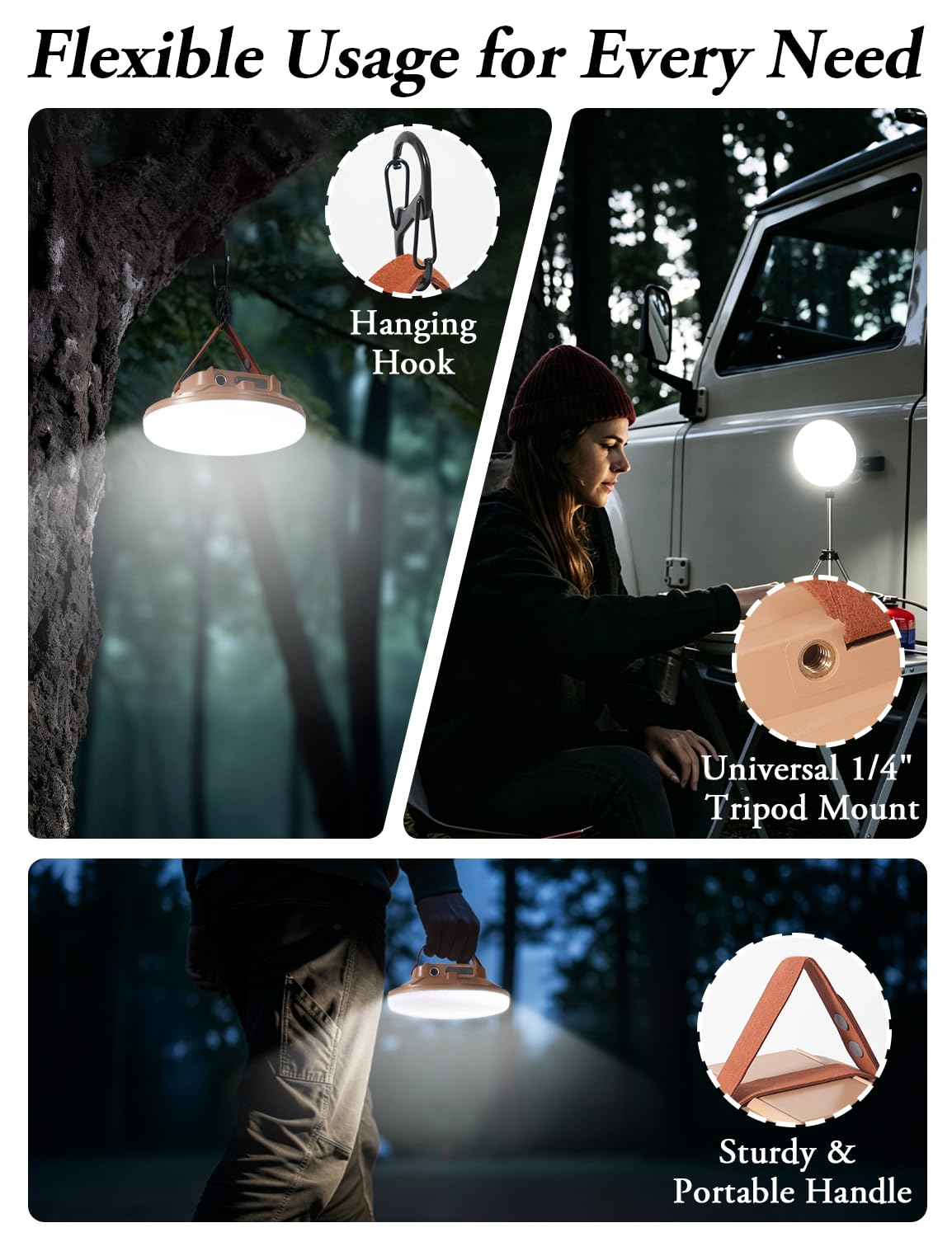 CREATE BRIGHT Lampes de camping, lampes de tente pour camping, lanterne de camping LED rechargeable avec 4 modes d'éclairage et support sur trépied, lumière de tente étanche pour urgence, extérieur