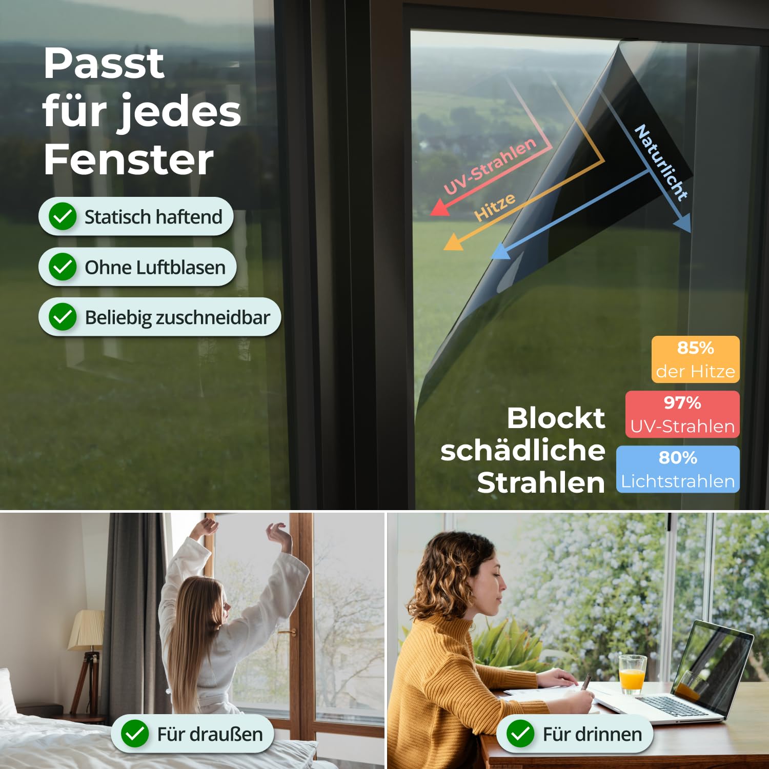 UV Sonnenschutzfolie für Fenster Innen & Außen – Blickdichte Fensterfolie als Sonnenschutz Folie – Selbstklebende Hitzeschutzfolie für Fenster Außen & Innen für Sommer – 90 x 200 cm