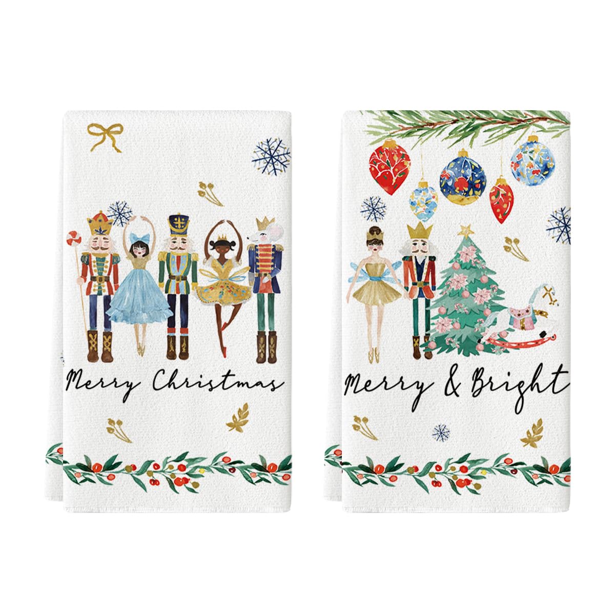 Artoid Mode Bolas de Navidad, cascanueces, árbol de Navidad, paños de cocina, paños de cocina, 42 x 65 cm Merry Bright, decoración de poliéster, juego de 2 unidades