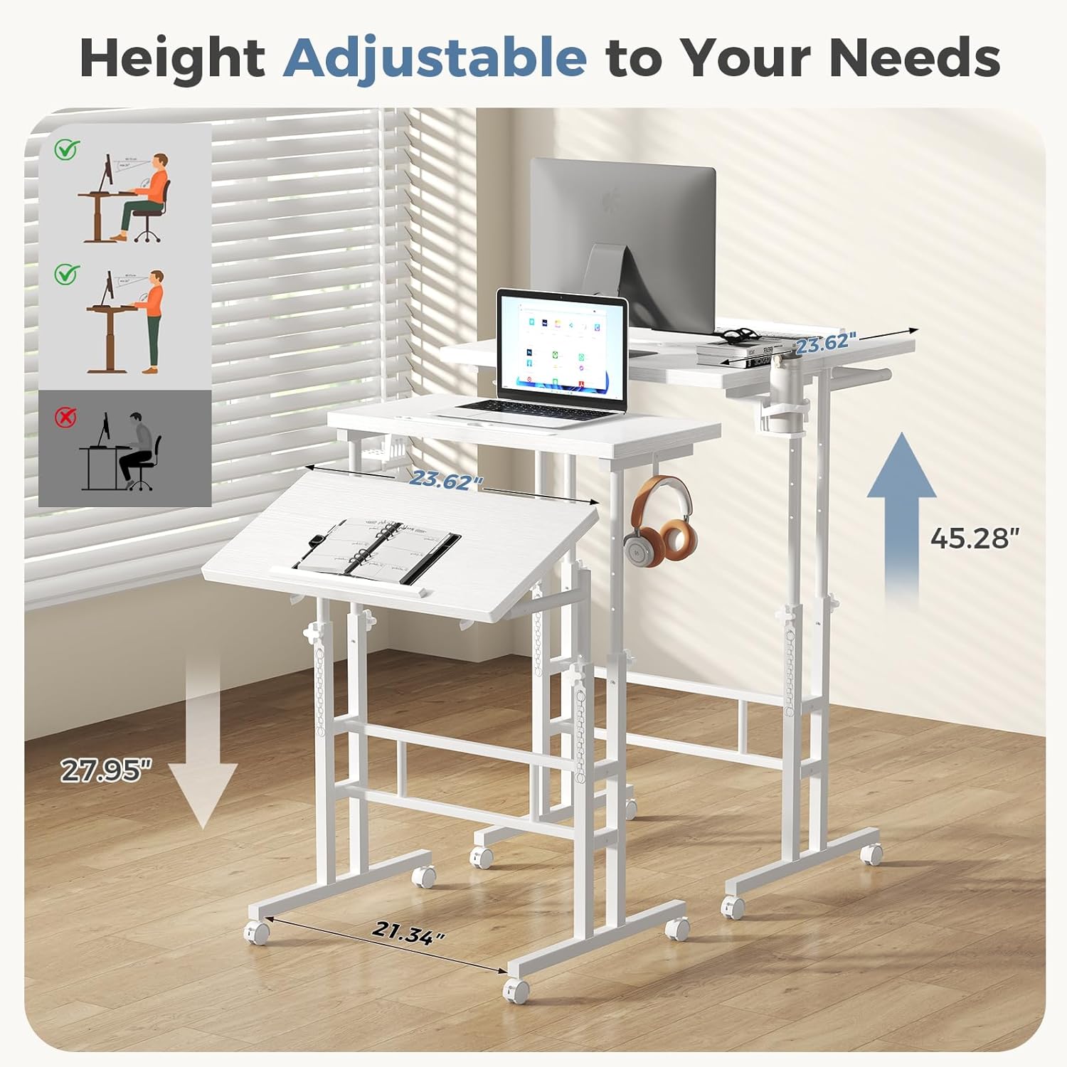 DUMOS Split Top Rolling Standing Desk, 23.6 Inch Mobile Laptop Computer Desk, Manual Adjustable Height Workstation on Wheels, Sit Stand Office Table, Walking Pad Study Desk, White