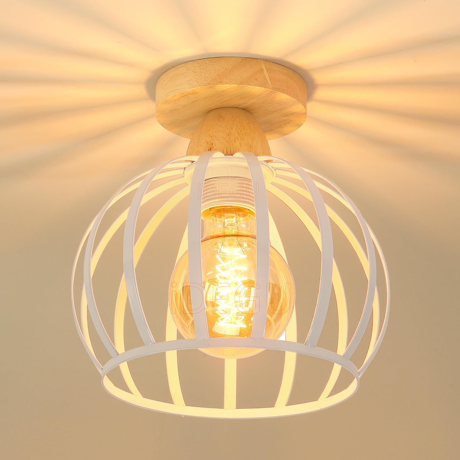 iDEGU Lámpara de Techo Vintage 20cm Lámpara Colgante en Madera y Metal Moderna Iluminación de Techo E27 Industrial Lámpara Diseño Jaula LED Plafón de Techo Pasillo Dormitorio Salón Cocina (Blanco)