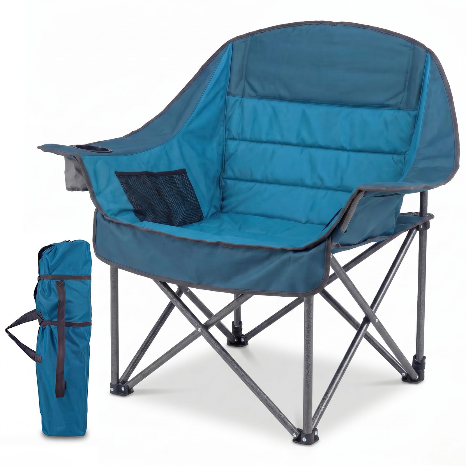 TANGZON Oversized Camping Chair, Folding Upholstered Oxford Chair with Carry Bag, Side Pockets & Cup Holder, 225 KG Heavy-Duty Metal Lawn Seat for Outdoor Sports, Beach, Fishing (Blue)