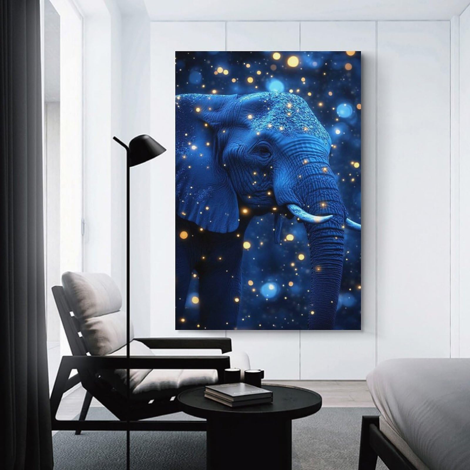 Junmoney Blue Elephant with Glowing Lights Wall Art Print, 24x36inch(60x90cm), for Corridors, Hallways Or Apartment Entries, Wall Decor to Refresh Empty Corners