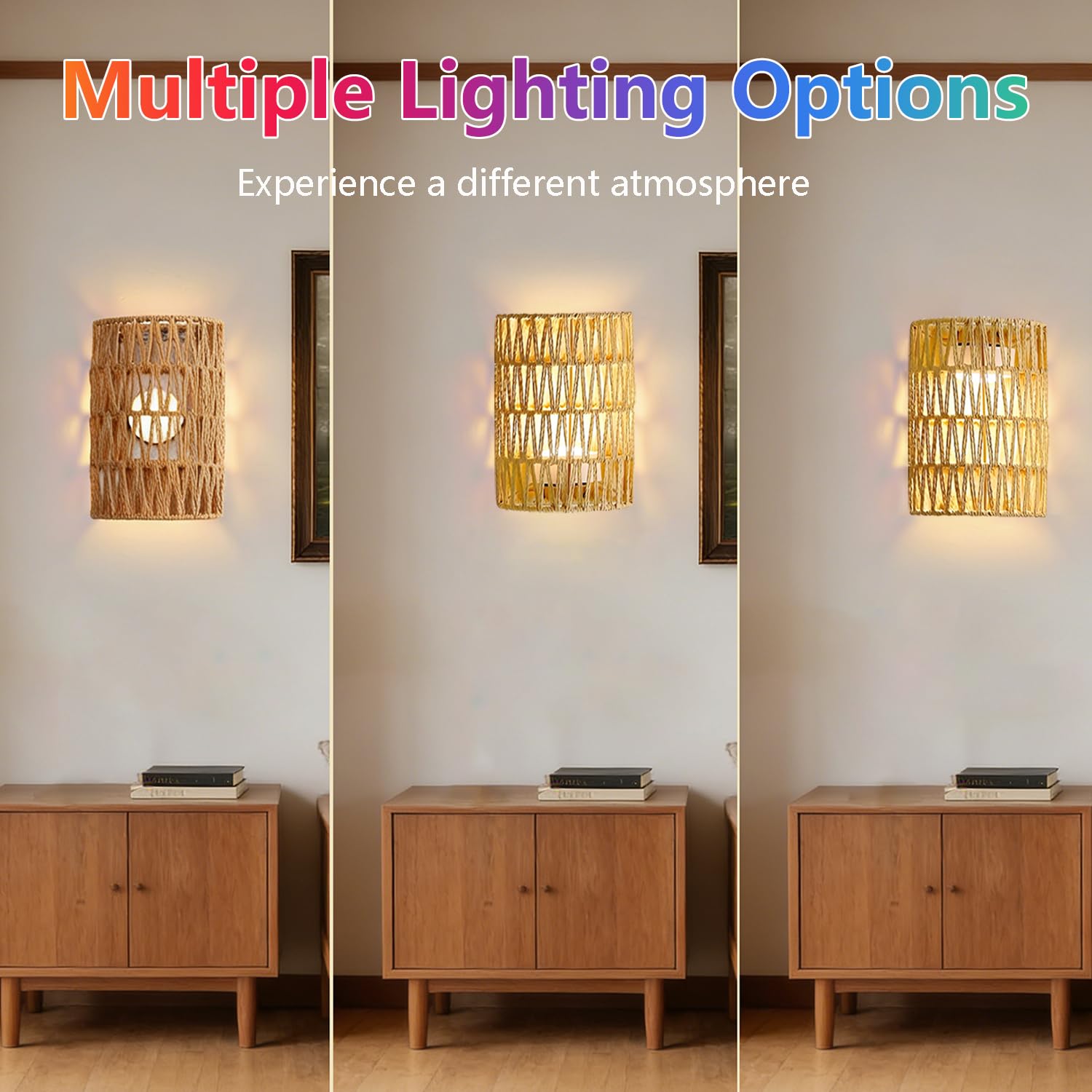 2 Stück Boho Rattan Wandlampe Innen Akku Wandleuchte Ohne Stromanschluss RGB Dimmbare Wandleuchten mit Fernbedienung Retro Nachttischlampe für Schlafzimmer Wohnzimmer Flur