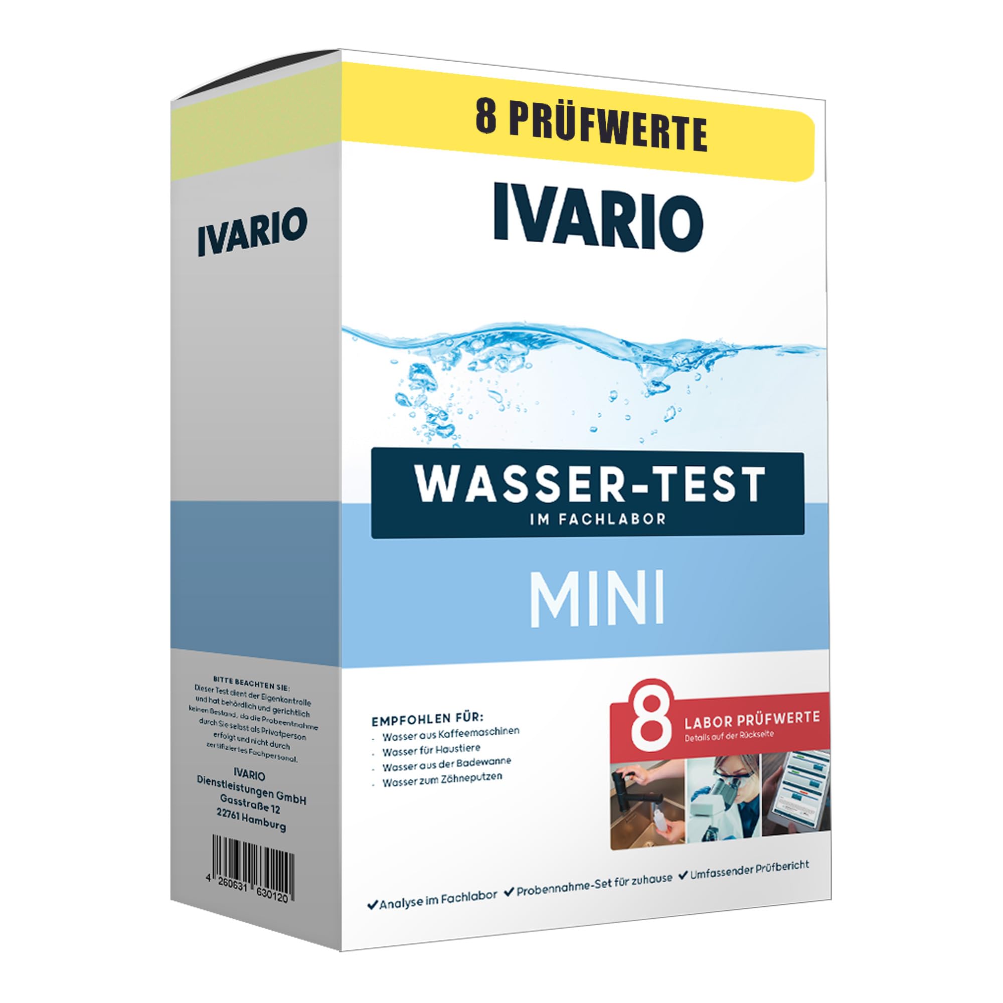 IVARIO Mini-Wassertest (8-in-1) für Trinkwasser, Experten-Analyse im akkreditierten Fachlabor mit 8 Prüfwerten im Test, wie Schwermetalle, Wasserhärte, pH-Wert uvm.