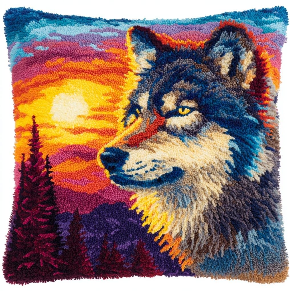 AxiangziK Latch Hook Kits for Adults Beginners 17x17in,Animal Wolf Creative Latch Hook Pillow Kit with Preprinted Canvas for Home Decoration and Present 43x43cm