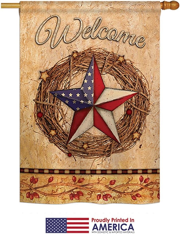 Welcome American Pride Wreath House Flag Americana Star and Stripes Patriotism Independence Memorial United State Small Decorative Gift Yard Banner Made In USA 28 X 40