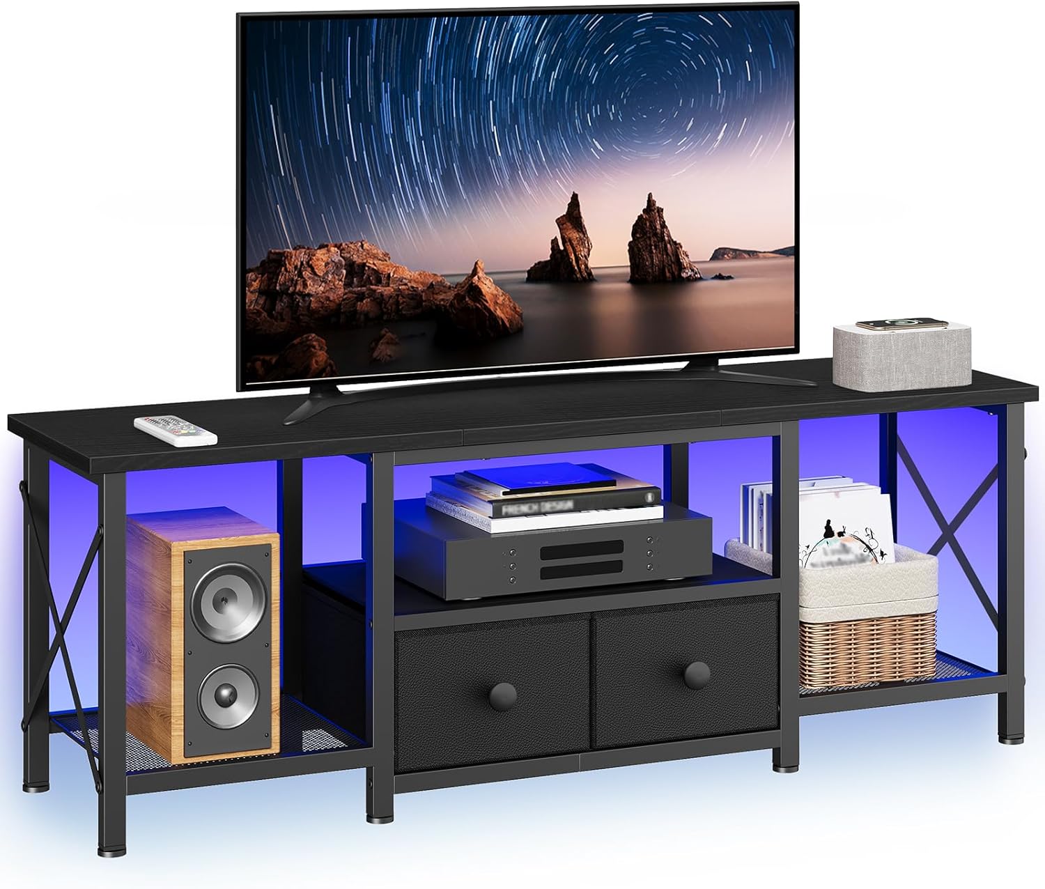 Small TV Stand with LED Lights, Entertainment Center with 2 Fabric Drawers and Mesh Shelves, Media TV Console Table for TVs up to 50 Inches, for Living Room, Bedroom, Black DS11DBB