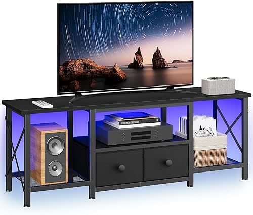 Soporte de TV pequeño con luces LED, centro de entretenimiento con 2 cajones de tela y estantes de malla, mesa consola de TV multimedia para