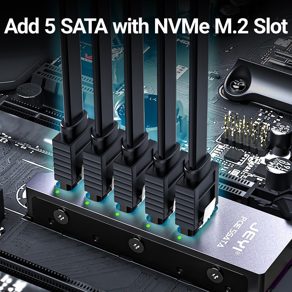 JEYI NVMe M.2 to 5-Port SATA Adapter with 5 SATA drives connected