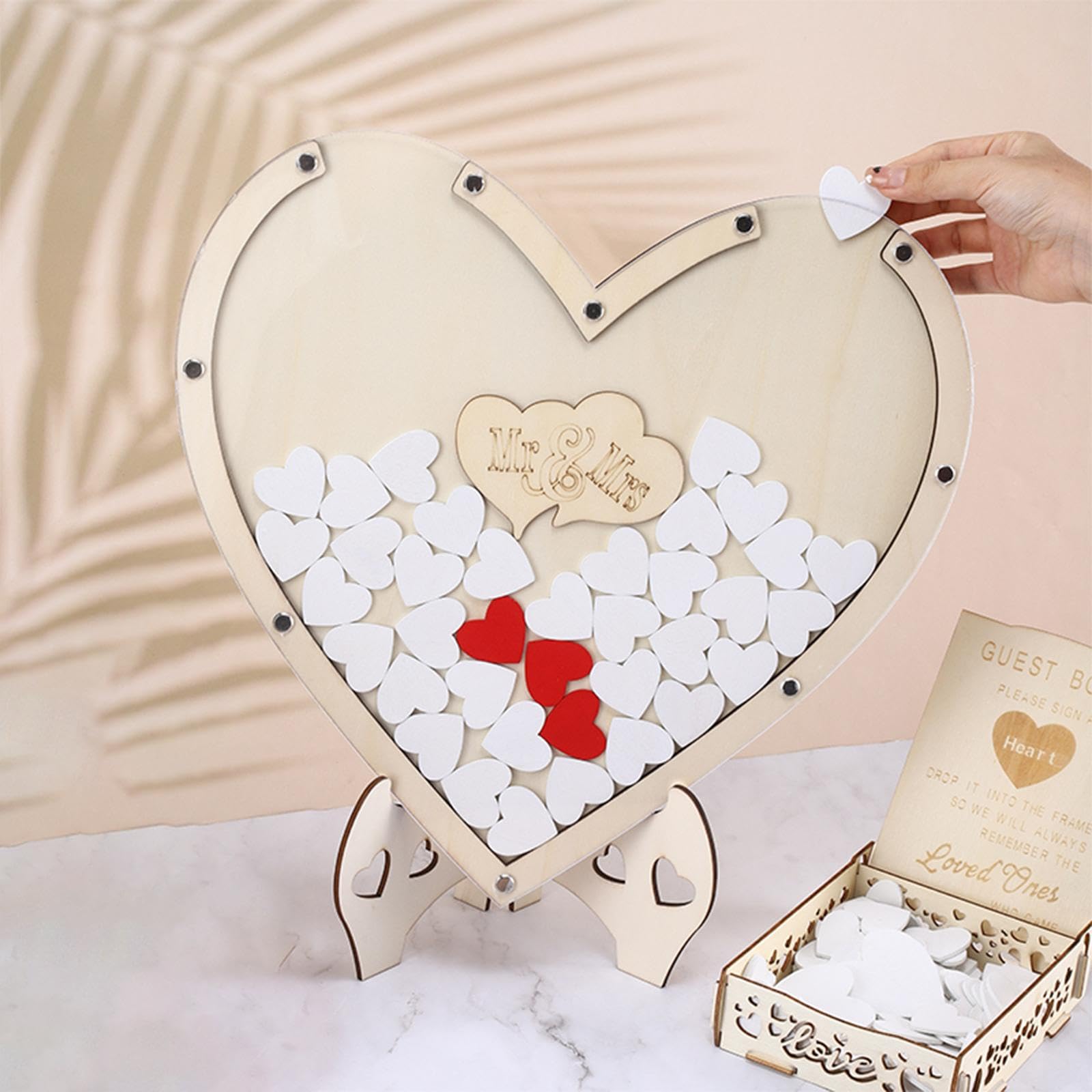Libro de Firmas para Bodas en 3D con Marco de Madera en Forma de Corazón Y 80 Corazones de Madera para Aniversario.