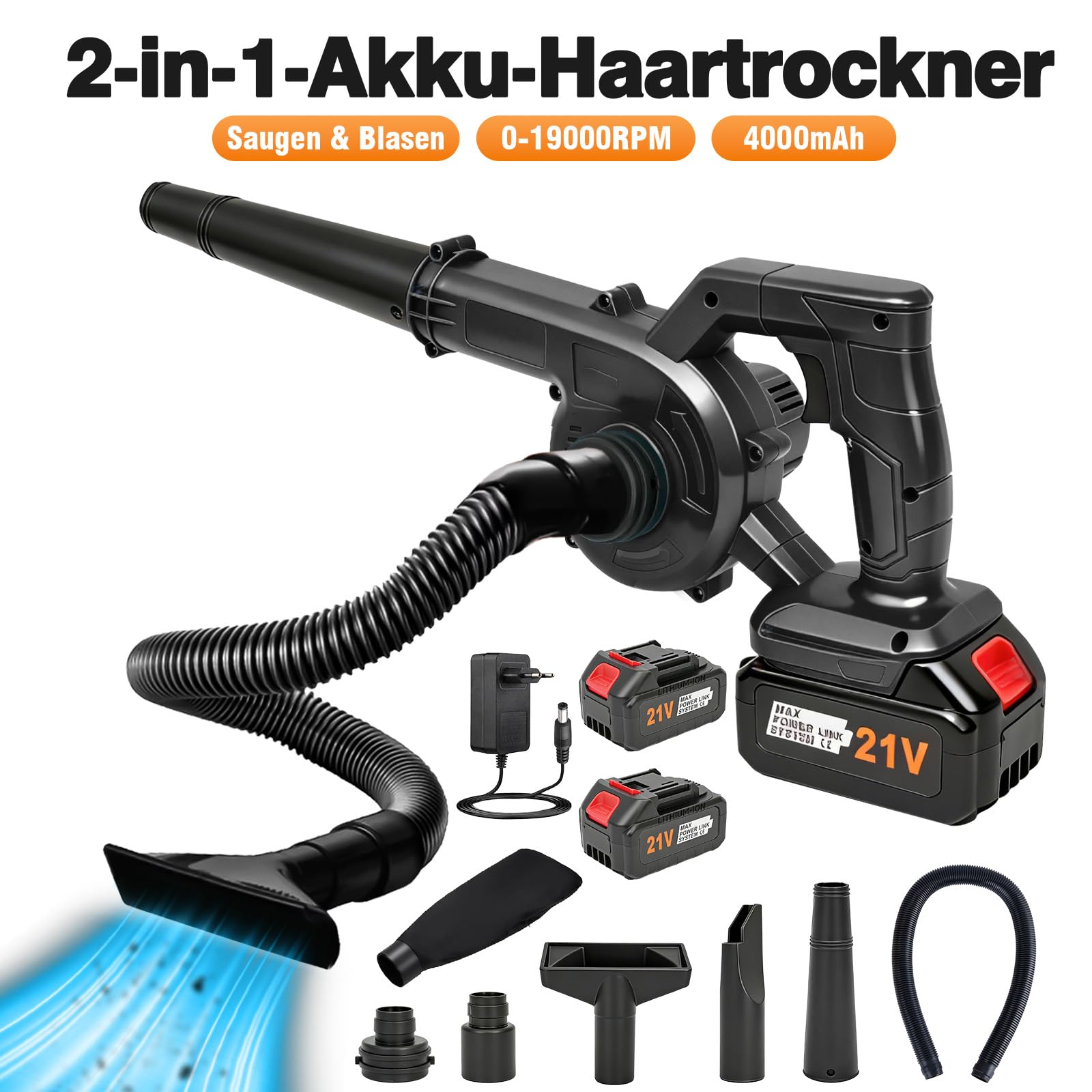Laubbläser Akku 2 in 1, 21V Laubsauger Kabellos mit 4.0Ah Akku, 19000 U/min Starker Motor, 257km/h Blasgeschwindigkeit, 2,94kPa Saugdruck, Blasen & Saugen, inkl. Staubfangbeutel & Verlängerungsrohr