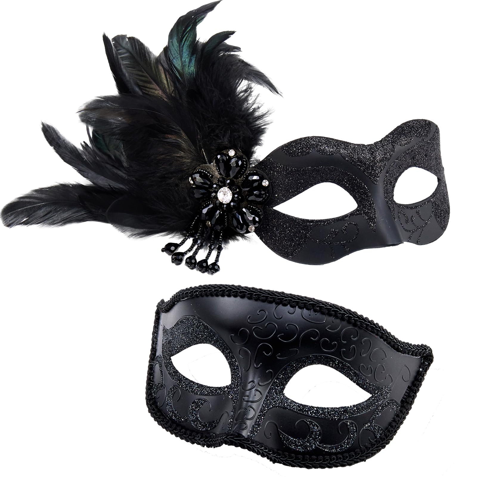 MYSEUNI Máscara de mascarada con plumas para parejas, máscara de baile de máscaras para mujer con plumas y máscara de disfraz veneciano para hombre