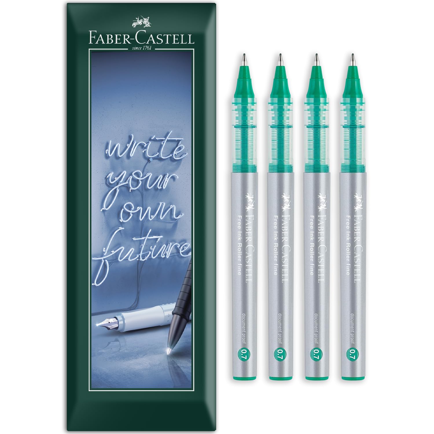 Faber-Castell Free Ink Roller Pen - 0.7mm Nib - Envelope Gift Pack of Rollerball Pens - Stationery for Office, Work, Home etc - Pack of 4 (Green)