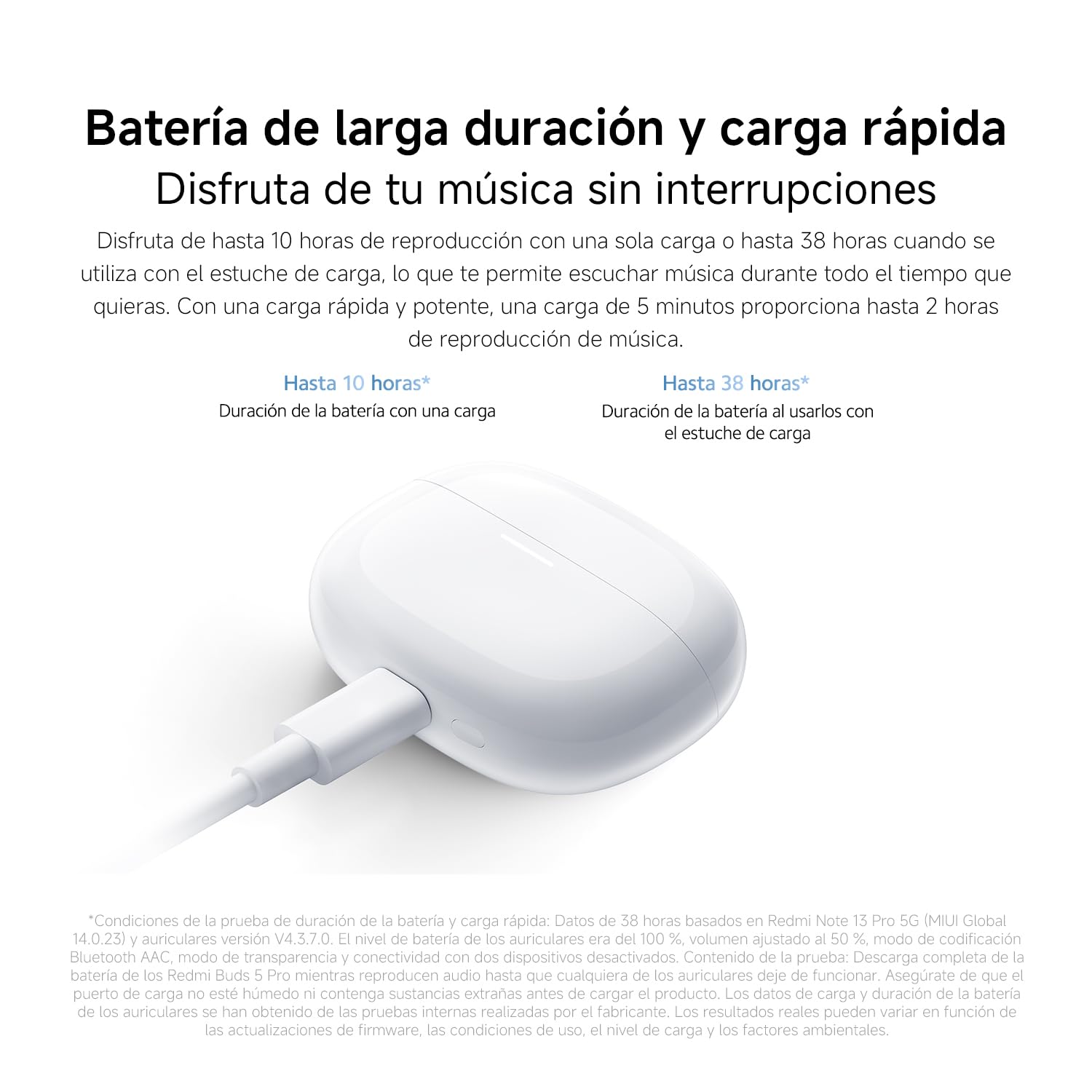 XIAOMI Redmi Buds 5 Pro - Auriculares inalámbricos con cancelación Activa de Ruido de hasta 52 dB, hasta 10 Horas de autonomía y 38 Horas con el Estuche de Carga, Blanco (Versión ES)