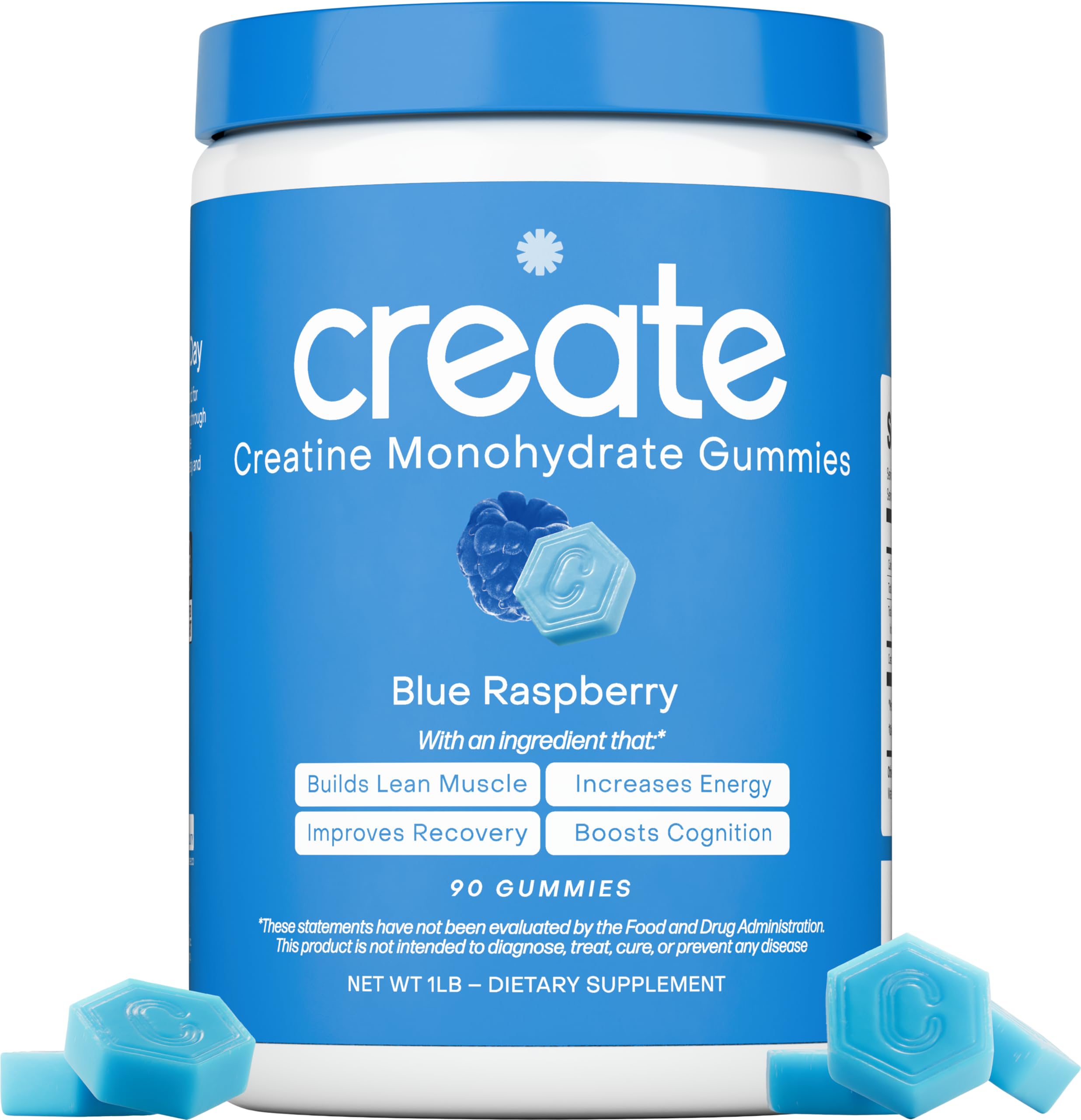 Create Creatine Monohydrate Gummies for Men & Women, Boost Focus, Strength, and Endurance, Anti-Melting Formula, Vegan, Gluten-Free, Non-GMO, 1.5g of Creatine per Gummy (Blue Raspberry, 90 ct)