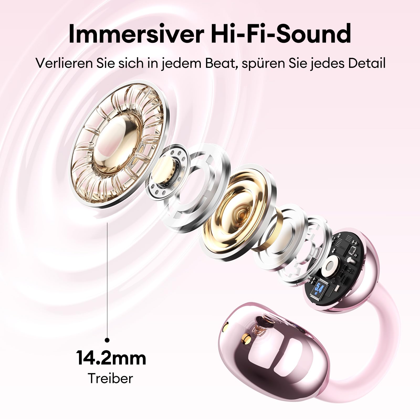 Clip On Schmuck Kopfhörer Open Ear Kopfhörer Kabellos Bluetooth 5.4 mit Intelligentem Touchscreen 4.1g Leichtgewicht Kopfhörer Sport, 60 Std Wireless Earbuds, M100 Schmetterling-Ohrring Rosa