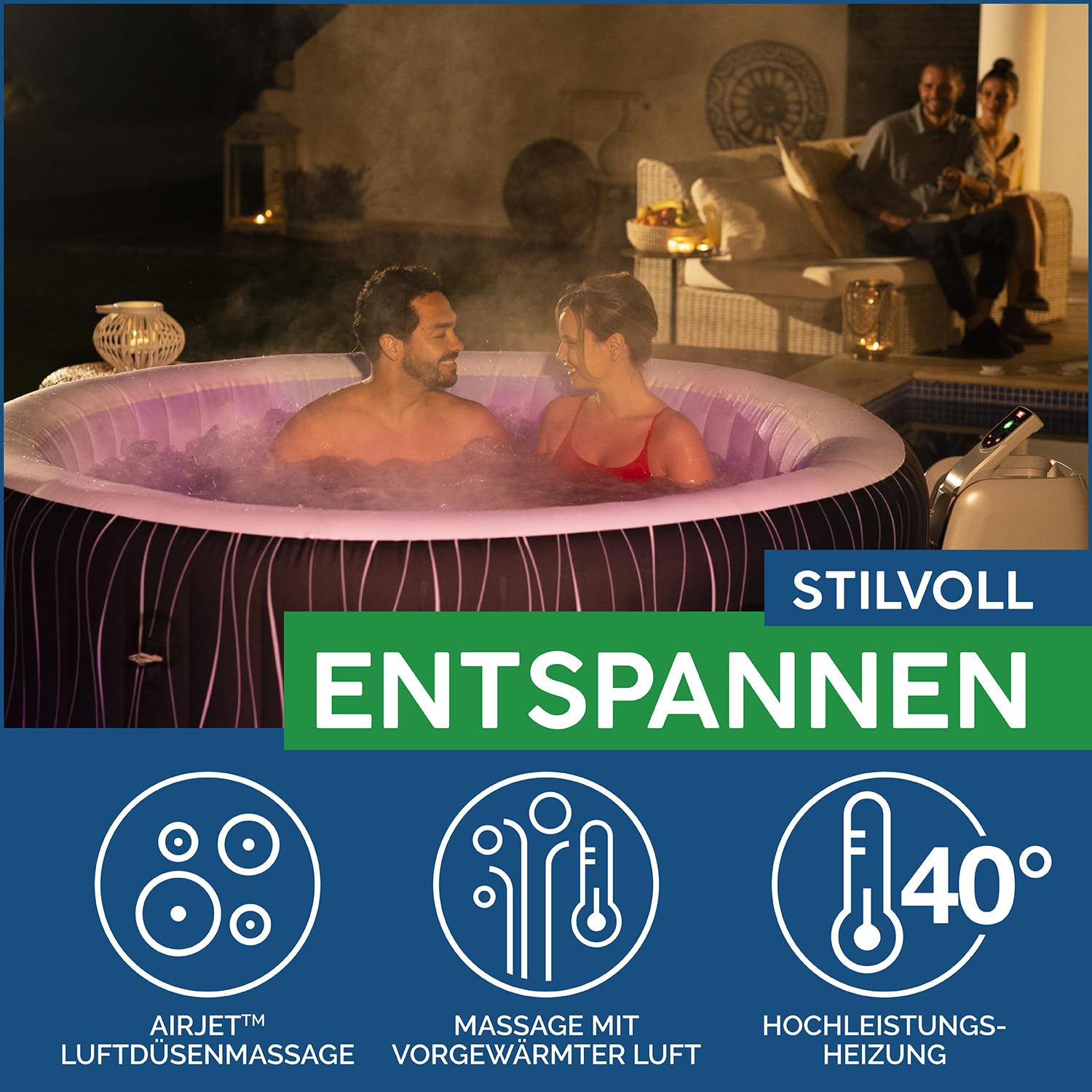 Bestway Lay-Z-Spa Hollywood LED-Whirlpool 6 Personen, Ø 196x66 cm | 140 AirJet-Düsen, LED-Leuchtstreifen mit Fernbedienung, Heizung bis 40°C, 4 Schaumkissen