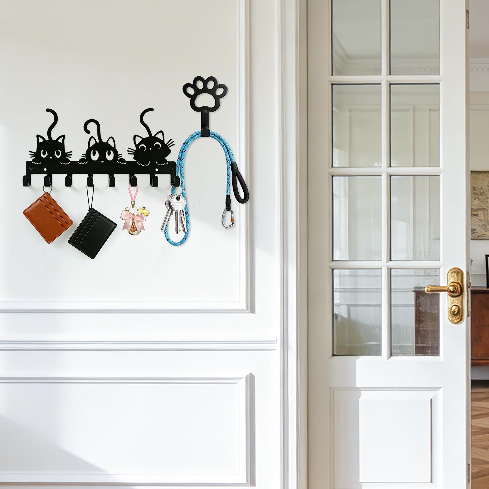 Tablica na klucze z metalu, uchwyt na klucze na ścianę, koty, haczyk, organizer z nadrukami łap, czarny, z 8 haczykami, do drzwi, korytarza, mieszkania, salonu i kuchni