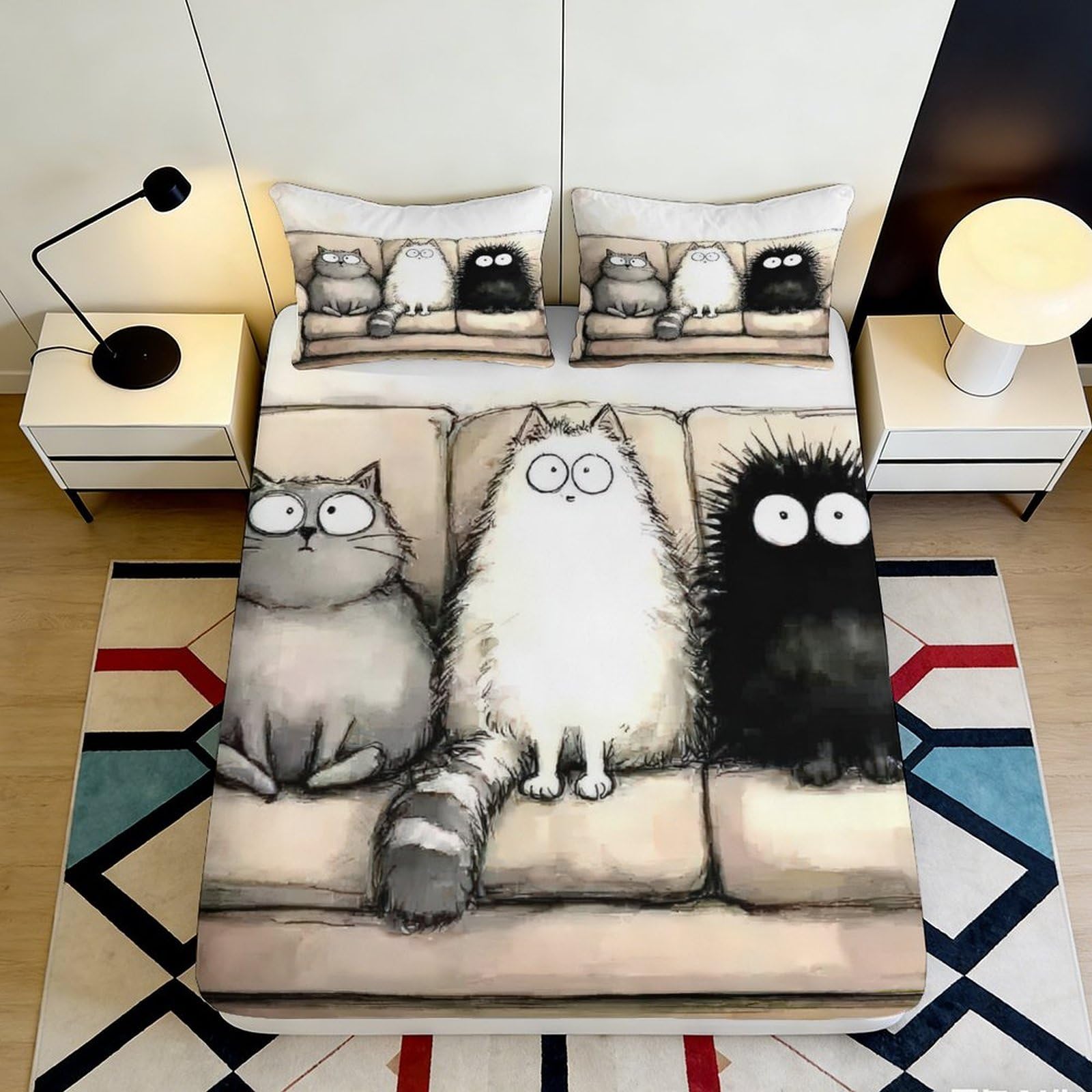 3D Printed Cartoon Cat Sofa Fitted Sheet Microfiber Soft Anti-Slip Animal Pattern Bed Cover for Bedroom Dorm Mattress Decor 180x200x25cm