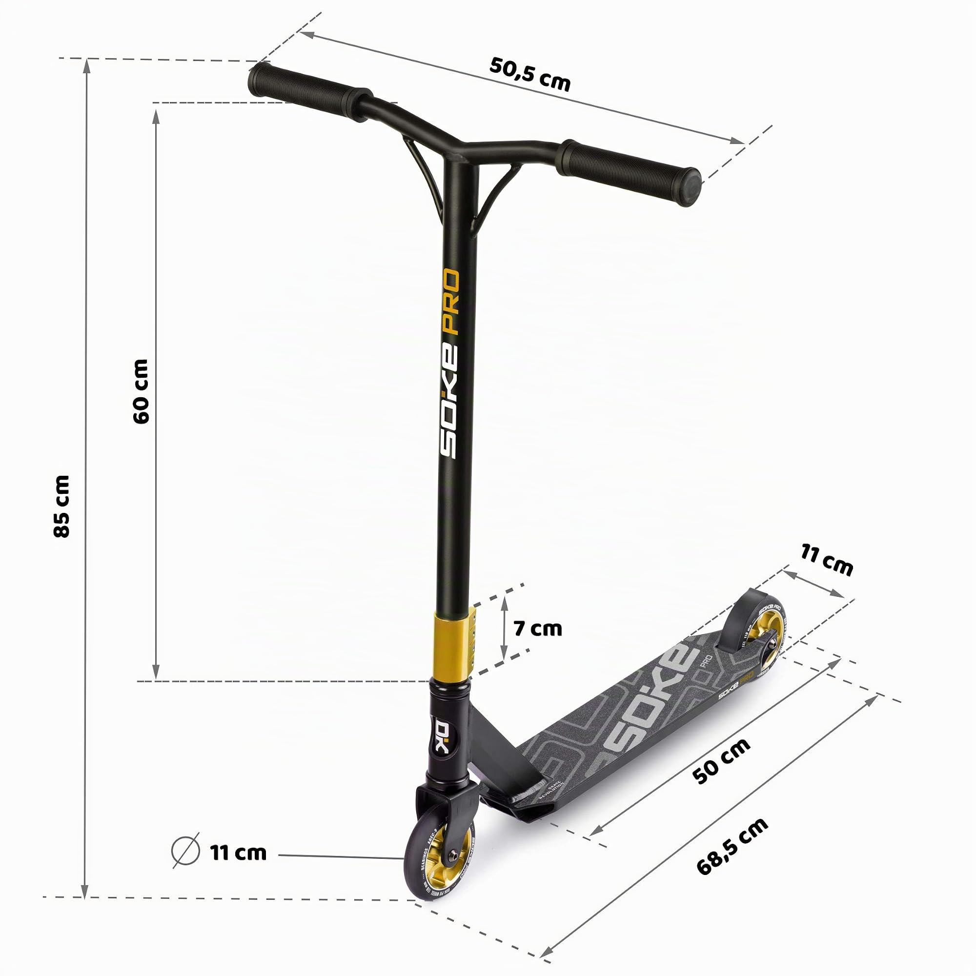 SOKE Stunt Scooter Pro Kick-Scooter con rodamientos de Bolas ABEC 9 Trick Scooter para Adultos y niños Dos Ruedas Freestyle Cityroller | 2 Ruedas | Capacidad de Carga 100kg (Negro-Oro)