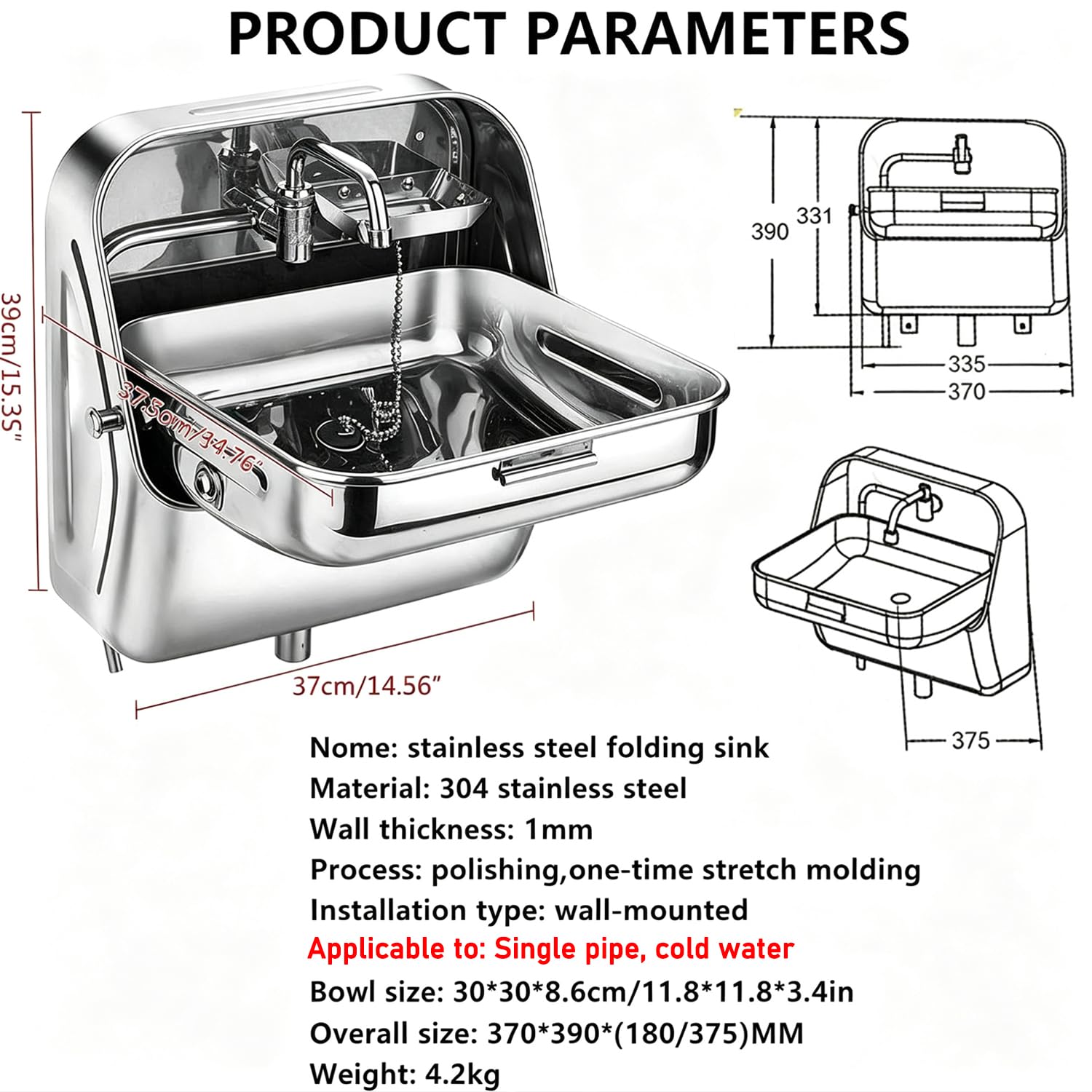 Lavello pieghevole da parete con coperchio e rubinetto per casa mobile, barca, roulotte, furgoni, camper, roulotte, roulotte, barche, camper, lavello in acciaio inox 304