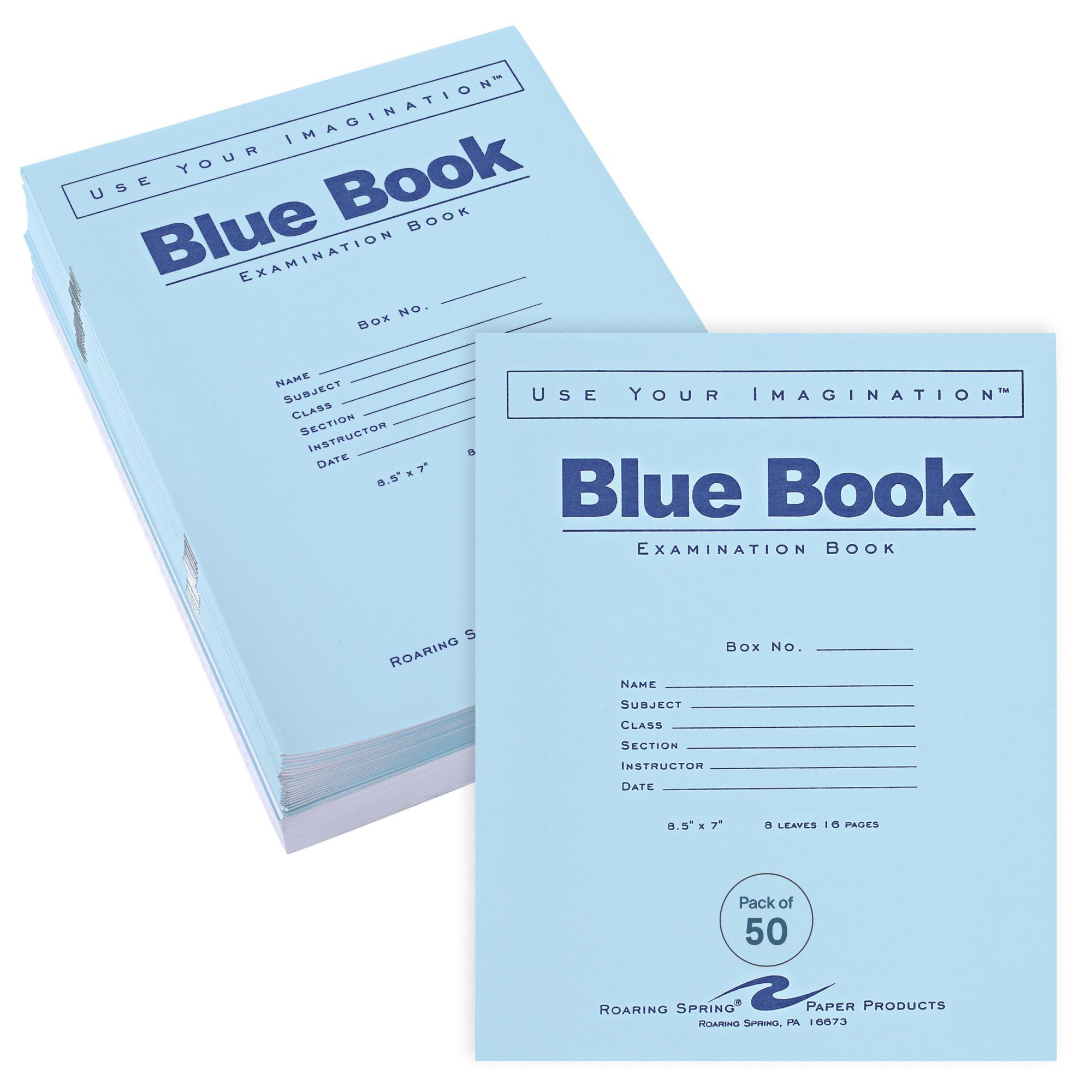 ROARING SPRING Exam Blue Books, 50 School Examination Booklets, 8.5" x 7", 8 Sheets/16 Pages, Wide-Ruled with Margin Student Testbook, Made in USA