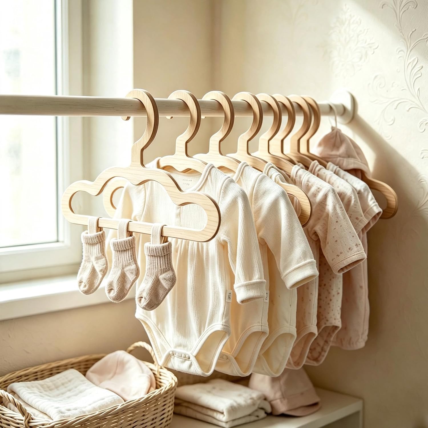 10Pcs Wooden Hangers for Baby Closet, 8.6inch Cute Anti-Slip Clothes Hangers for Kids