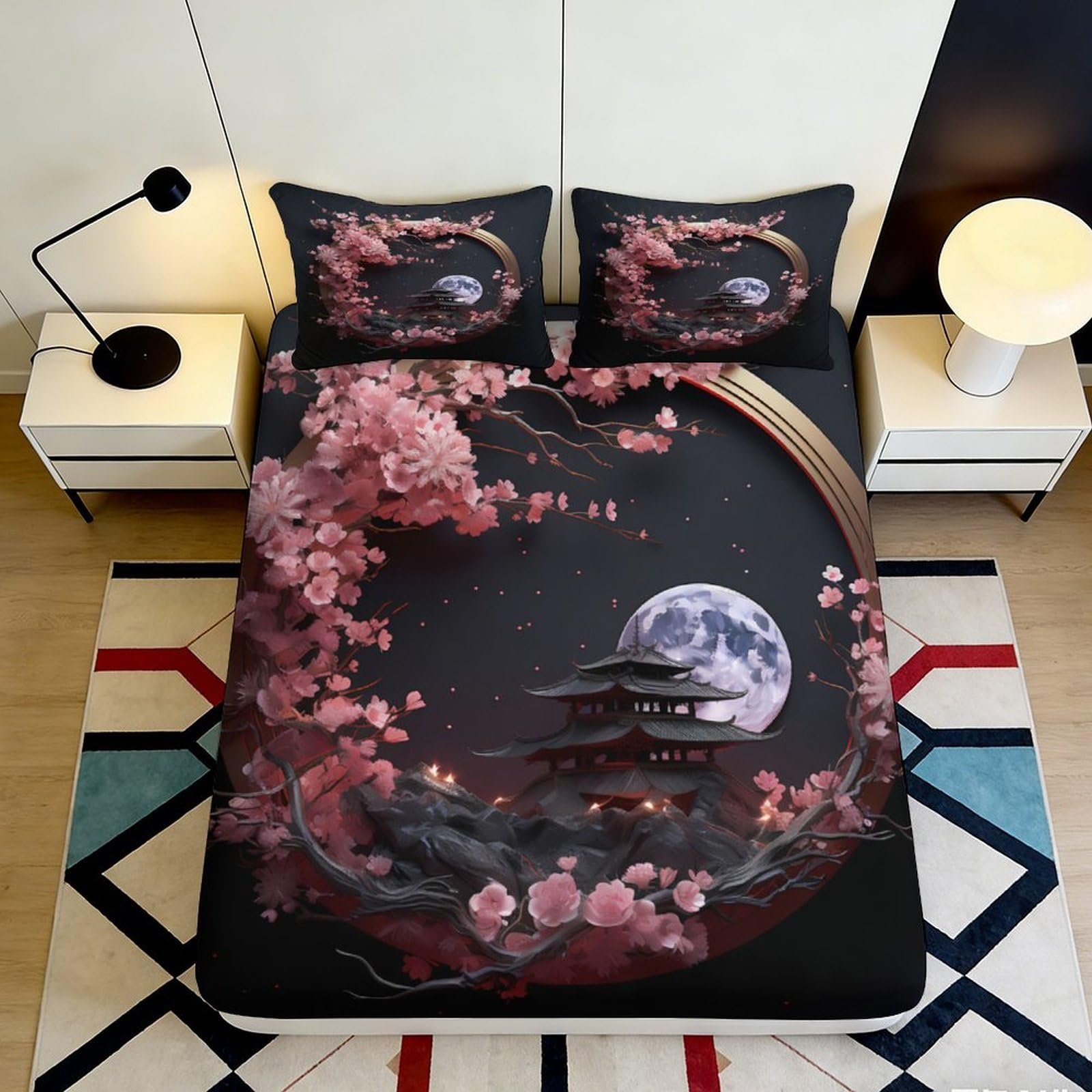 Pnayamiorkfel Style-2 3D Printed Sakura Moon Fitted Sheet Microfiber Black Pagoda Bed Cover Anti-Slip Easy Care Bedroom Decor 90X200x25cm