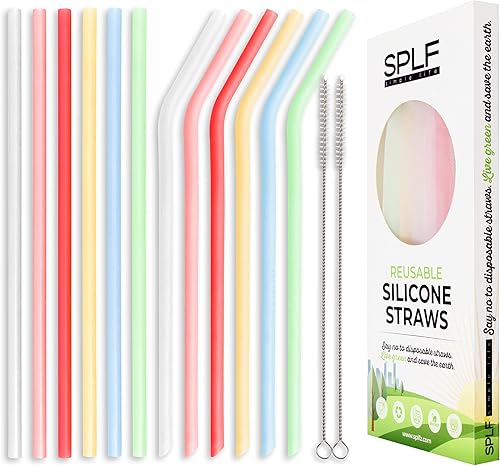 SPLF Paquete de 12 popotes de silicona translúcida reutilizables sin BPA extralargos plegables con cepillos de limpieza y estuche para vasos de 2030