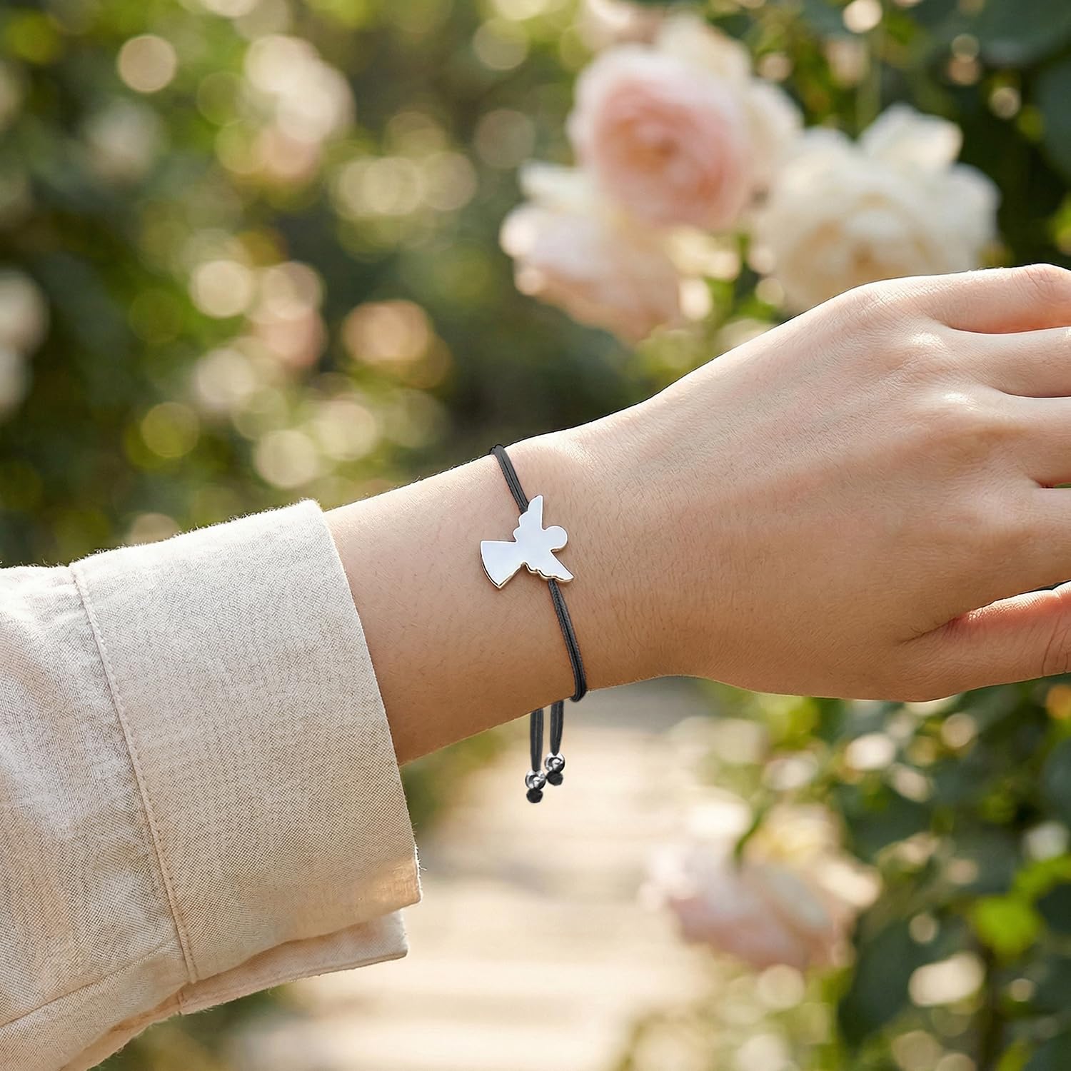 Bracciale Angelo Custode per Uomo e Donna, Braccialetto Portafortuna in Corda Intrecciata Nera, Regalo di Amicizia, Regolabile