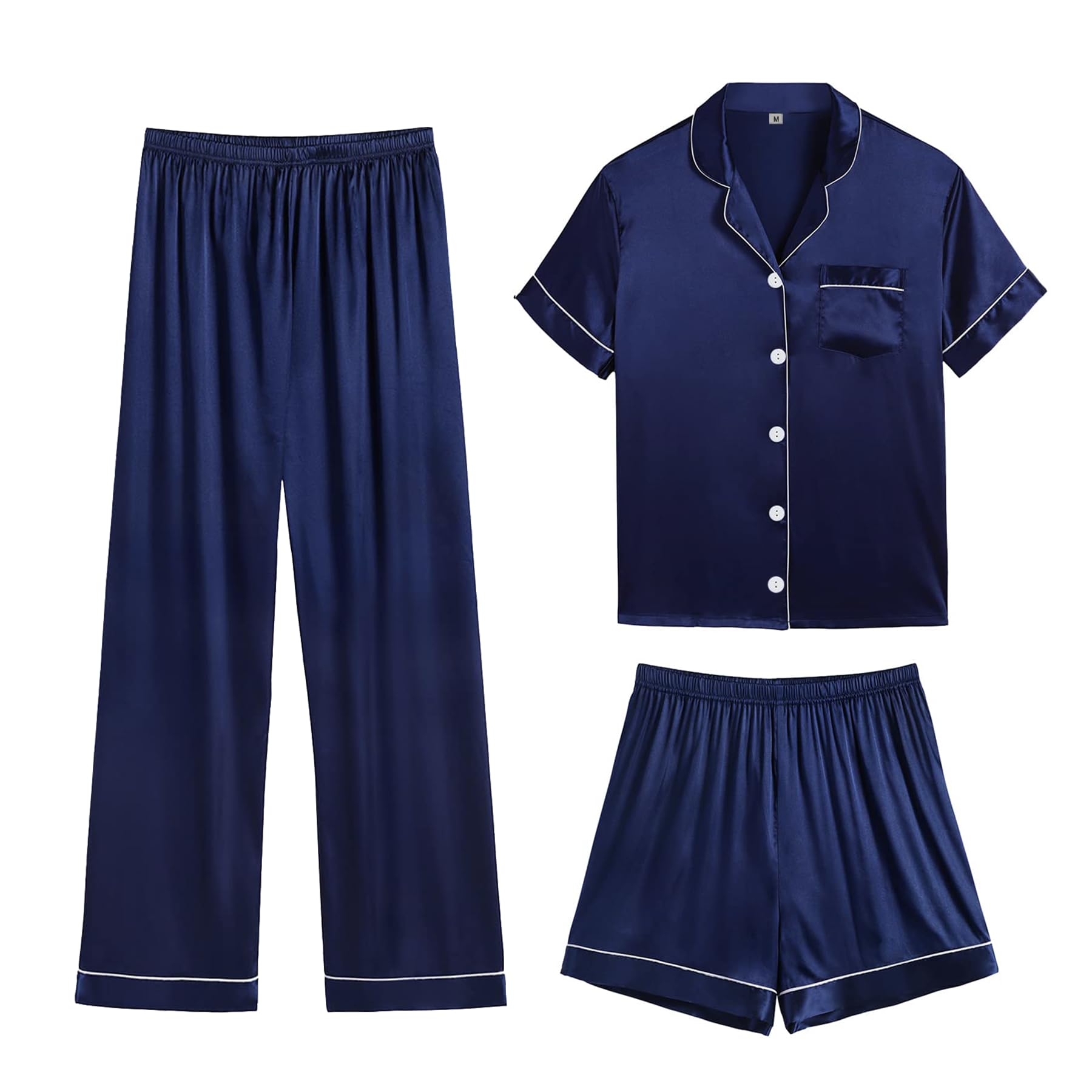 Womens 3pcs Silk Satin Pajamas Set Short Sleeve Sleepwear Classic Button Down Top and Shorts Loungewear Pj Set