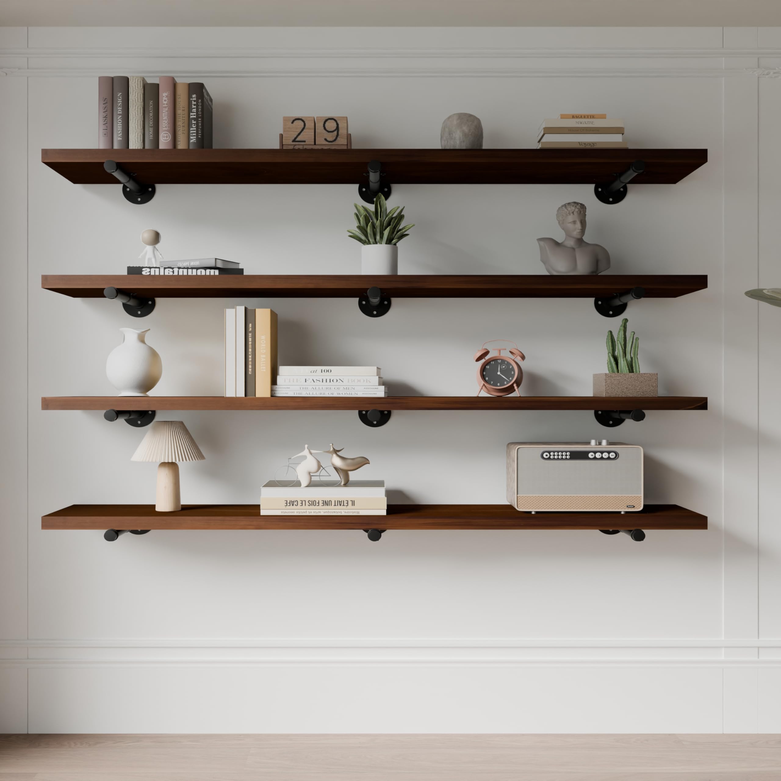 industrial pipe wall wood shelves,real wooden shelves 60" in walnut color with 11.8" extra width, modern floating shevles bookshelf shelving units for rustic farmhouse decor