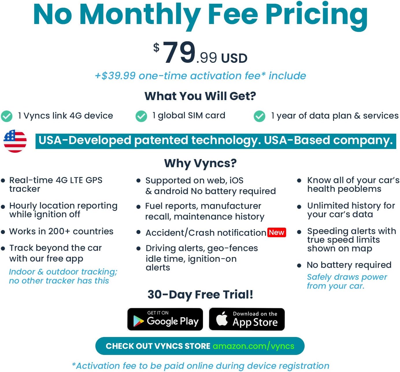 vyncs gps tracker for vehicles no monthly fee 4g lte vehicle location trip history driving alerts geofence fuel economy obd fault codes u