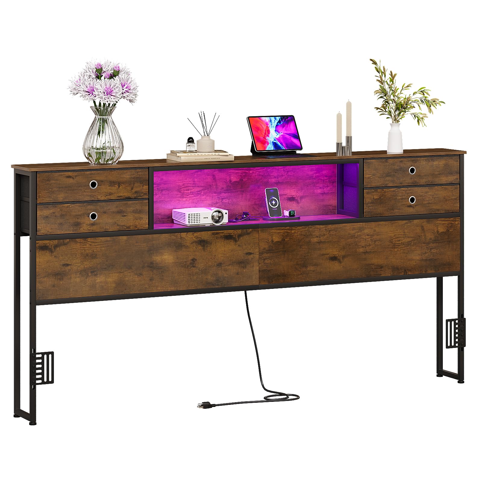 GiftGo King Size Headboard with 4 Fabric Storage Drawers, Charging Station & LED Light