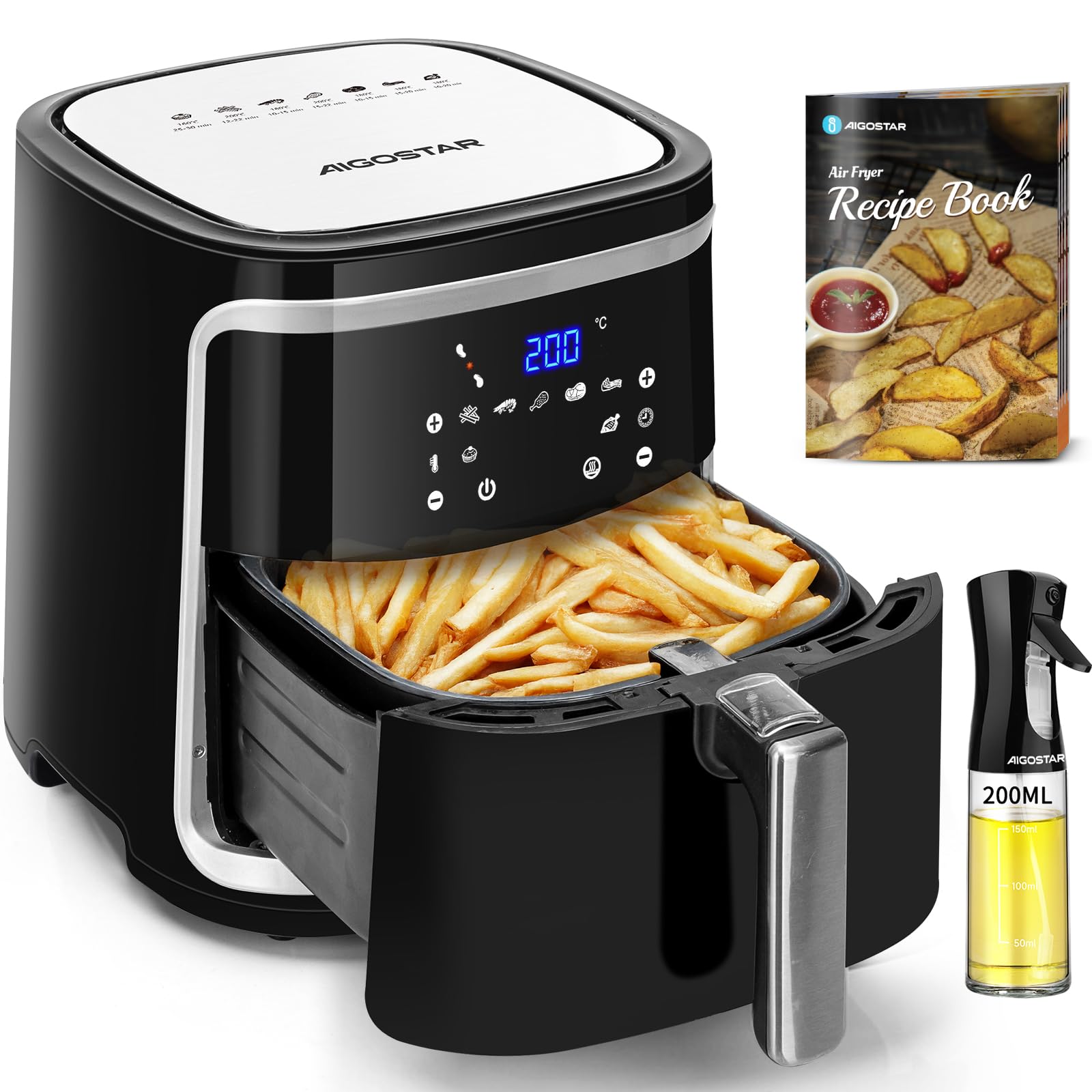 Aigostar Freidora de Aire XXL 7 Litros/2Kg, Air Fryer con Doble Cesta Independiente, Tecnología Rapid Air, 8 Programas, Función de Mantenimiento de Calor, App de Recetas/Libro de Recetas, 1900W