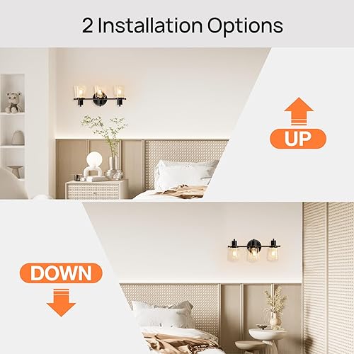 Miniatura 5 de JolyWell Lámparas de baño de 3 luces, lámpara de tocador de 3 luces con pantalla de vidrio transparente, luz de baño regulable sobre espejo para