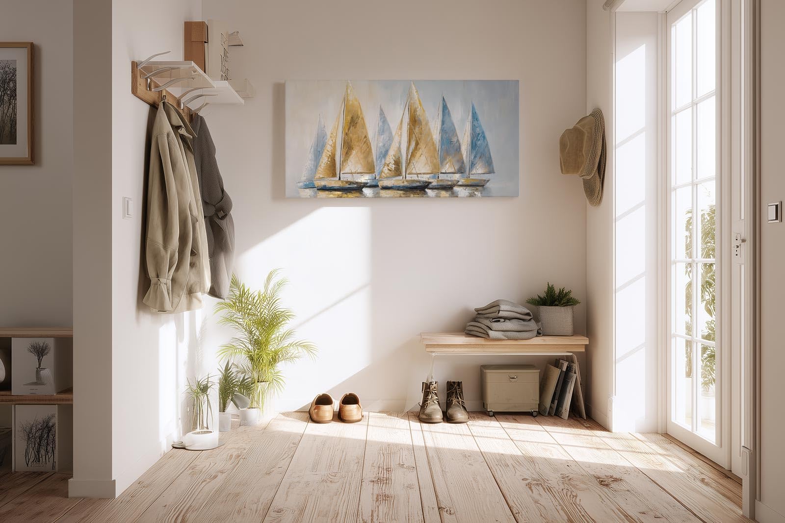 Sinus Art Wandbild 120x60cm Dynamisches Motiv mit sieben Segelbooten in Blau und Goldtönen – stilvoll und maritim zugleich