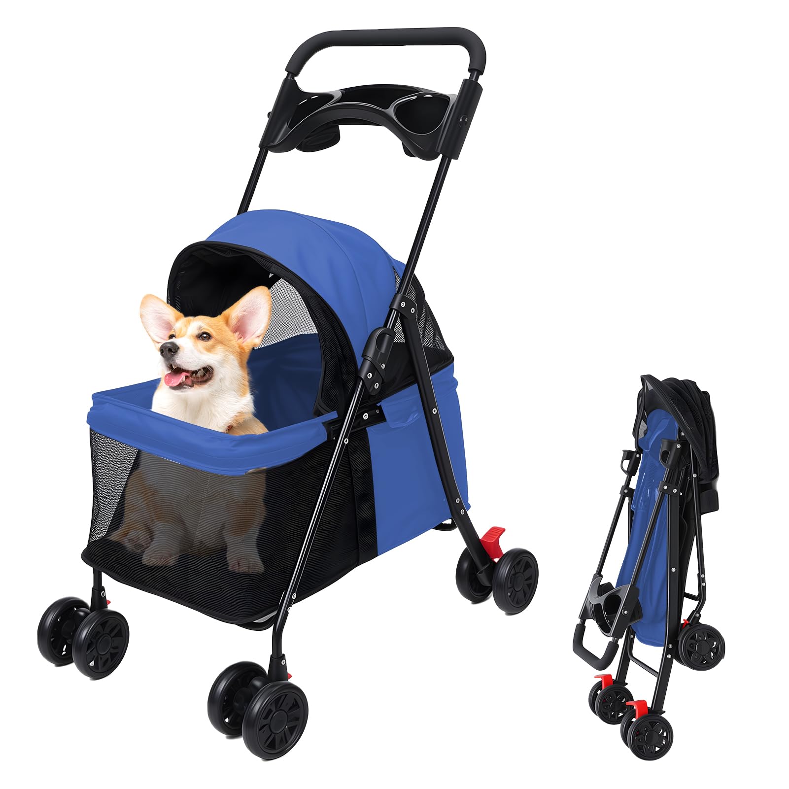 4 Wheel Pet Stroller for Small Dogs and Cats, Foldable Dog Pushchair Travel Carrier with Breathable Mesh, Adjustable Canopy, Storage Basket and Cup Holder, Lightweight Pet Buggy (Navy Blue)